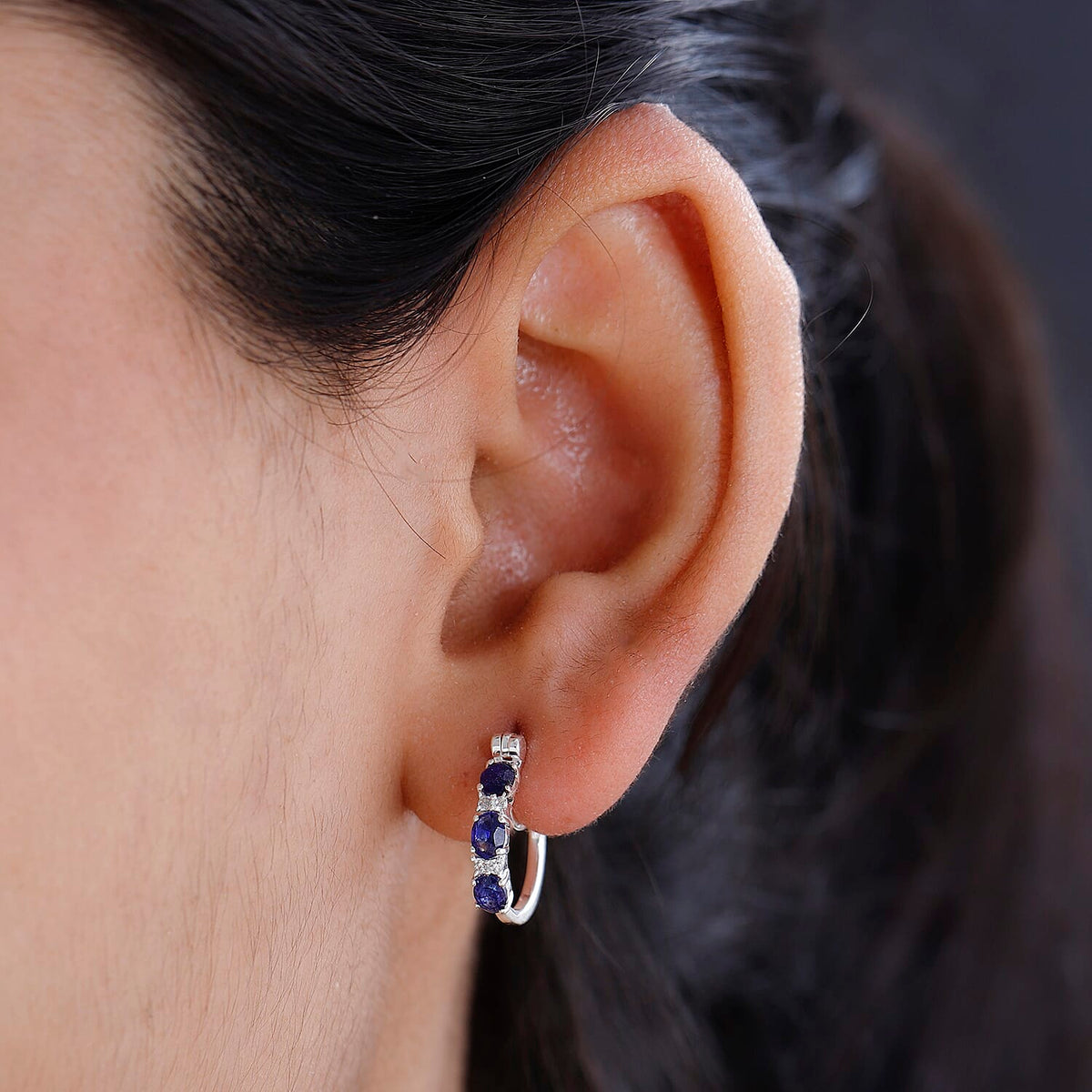 Blue Sapphire and Natural Zircon Hoop Earrings in Sterling Silver 1.74 Ct. 7547745 3