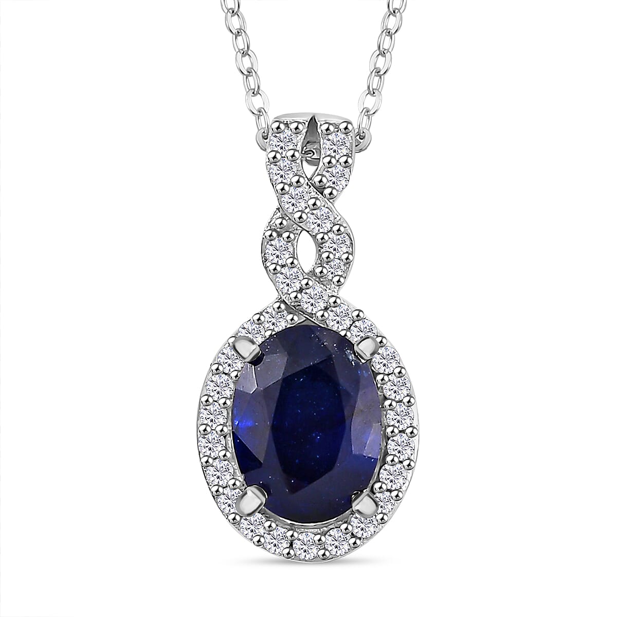Fissure Filled Blue Sapphire, White Zircon Halo Pendant with Chain (Size 20) in Rhodium Overlay Sterling Silver 4290792 0