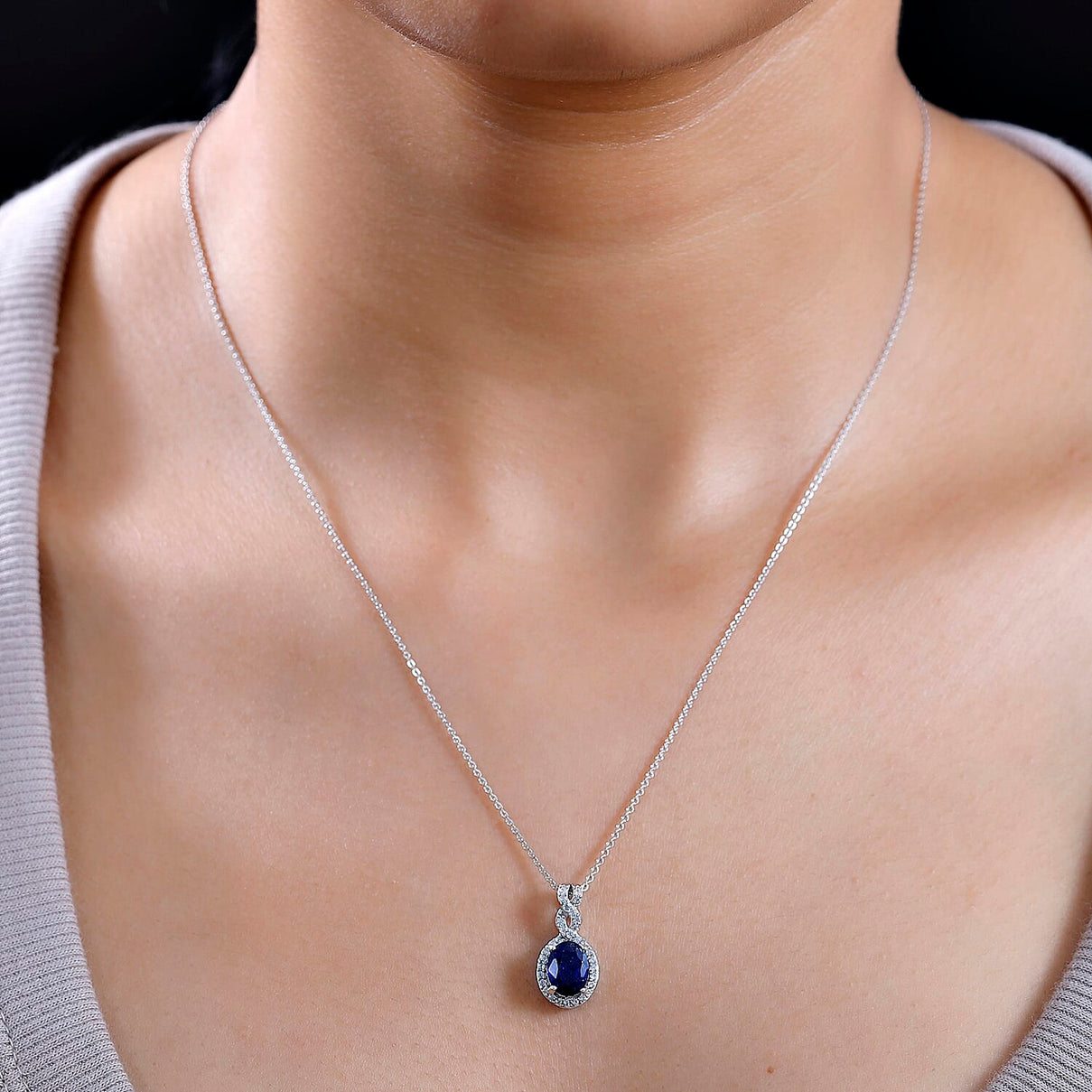 Fissure Filled Blue Sapphire, White Zircon Halo Pendant with Chain (Size 20) in Rhodium Overlay Sterling Silver 4290792 1