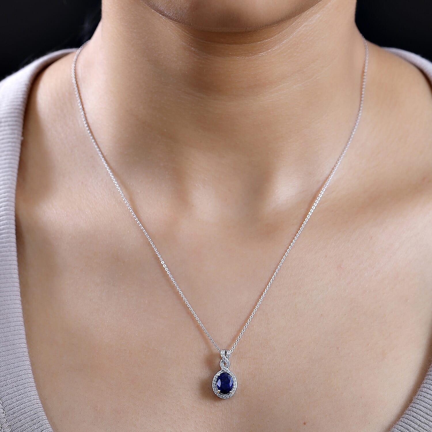 Fissure Filled Blue Sapphire, White Zircon Halo Pendant with Chain (Size 20) in Rhodium Overlay Sterling Silver 4290792 1