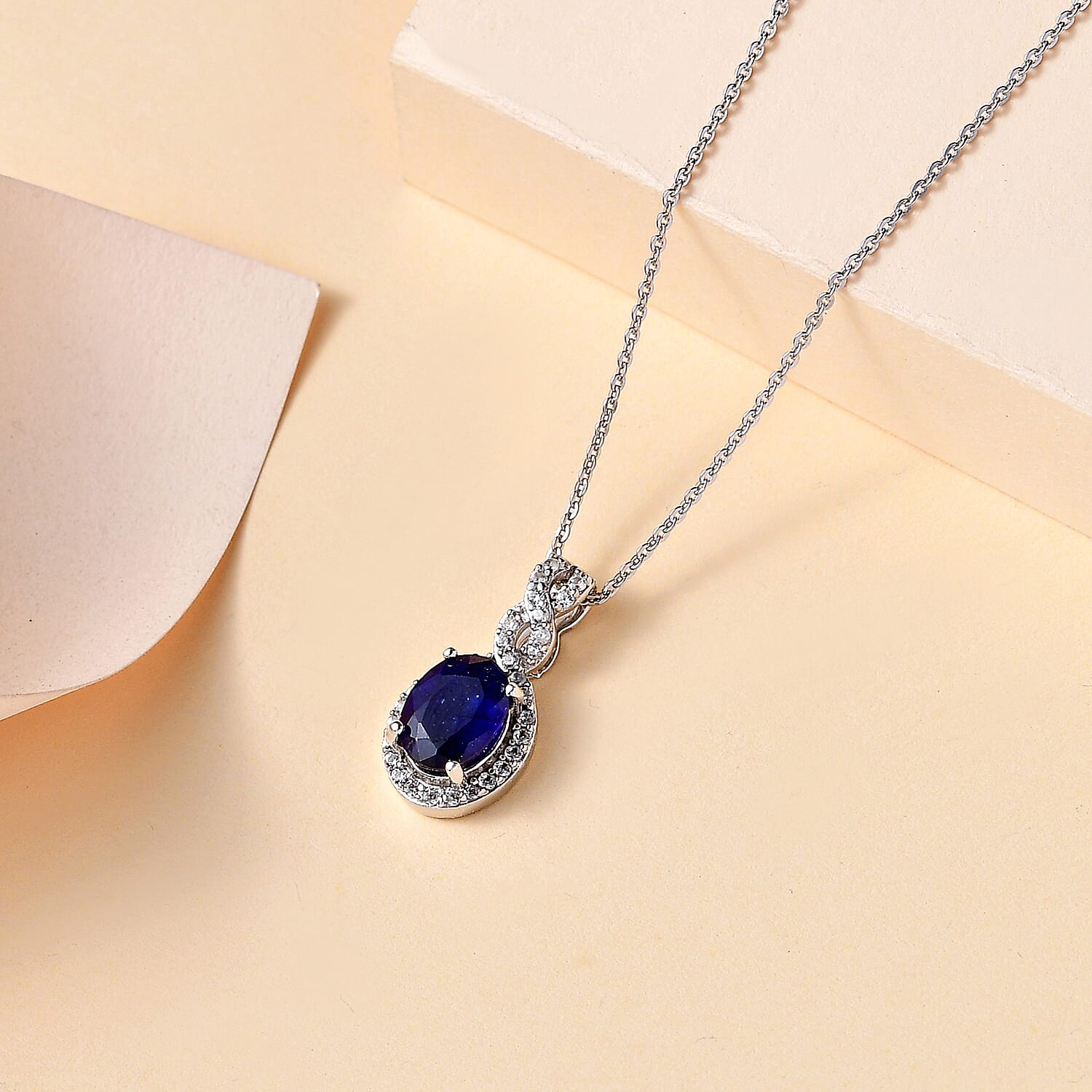 Fissure Filled Blue Sapphire, White Zircon Halo Pendant with Chain (Size 20) in Rhodium Overlay Sterling Silver 4290792 2
