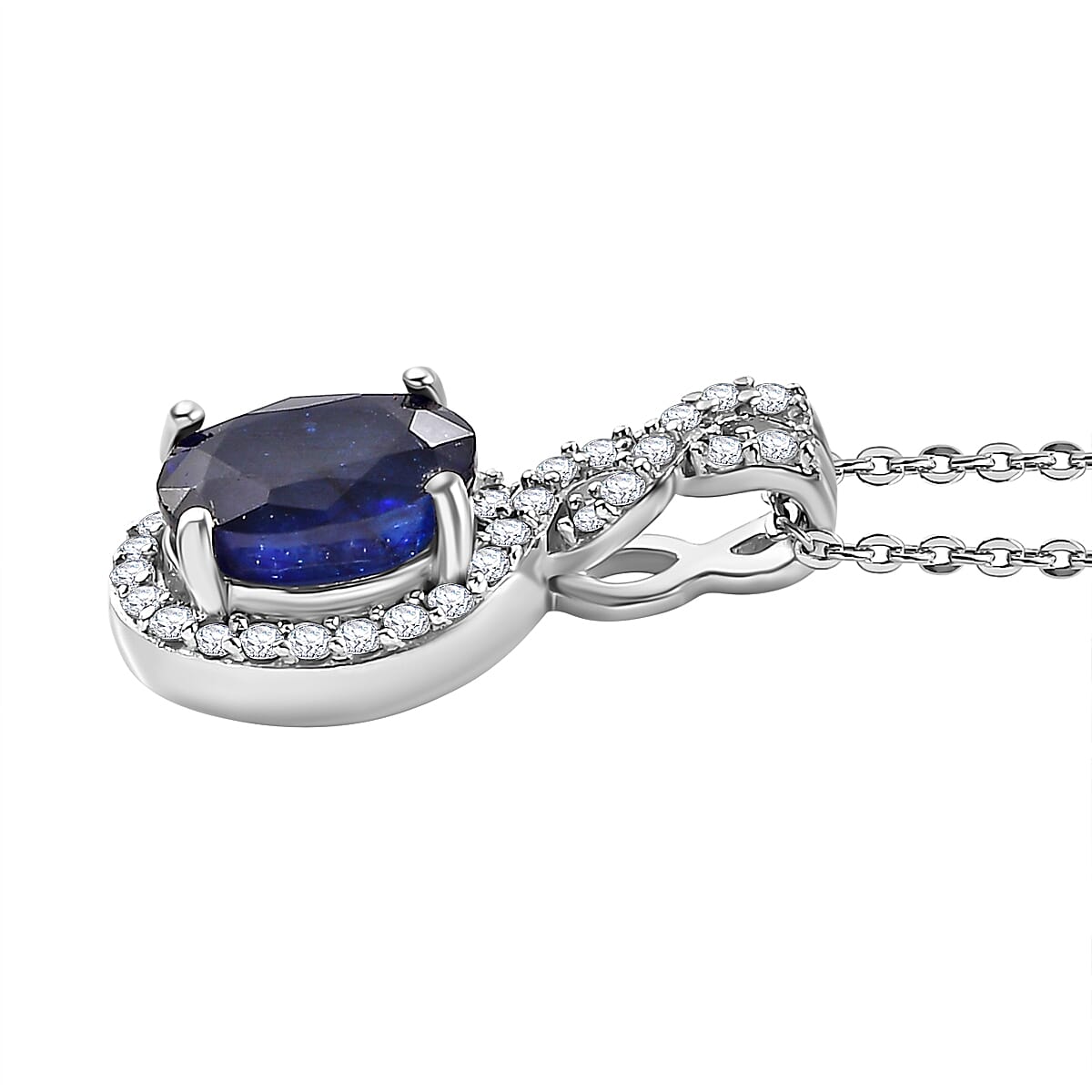 Fissure Filled Blue Sapphire, White Zircon Halo Pendant with Chain (Size 20) in Rhodium Overlay Sterling Silver 4290792 3