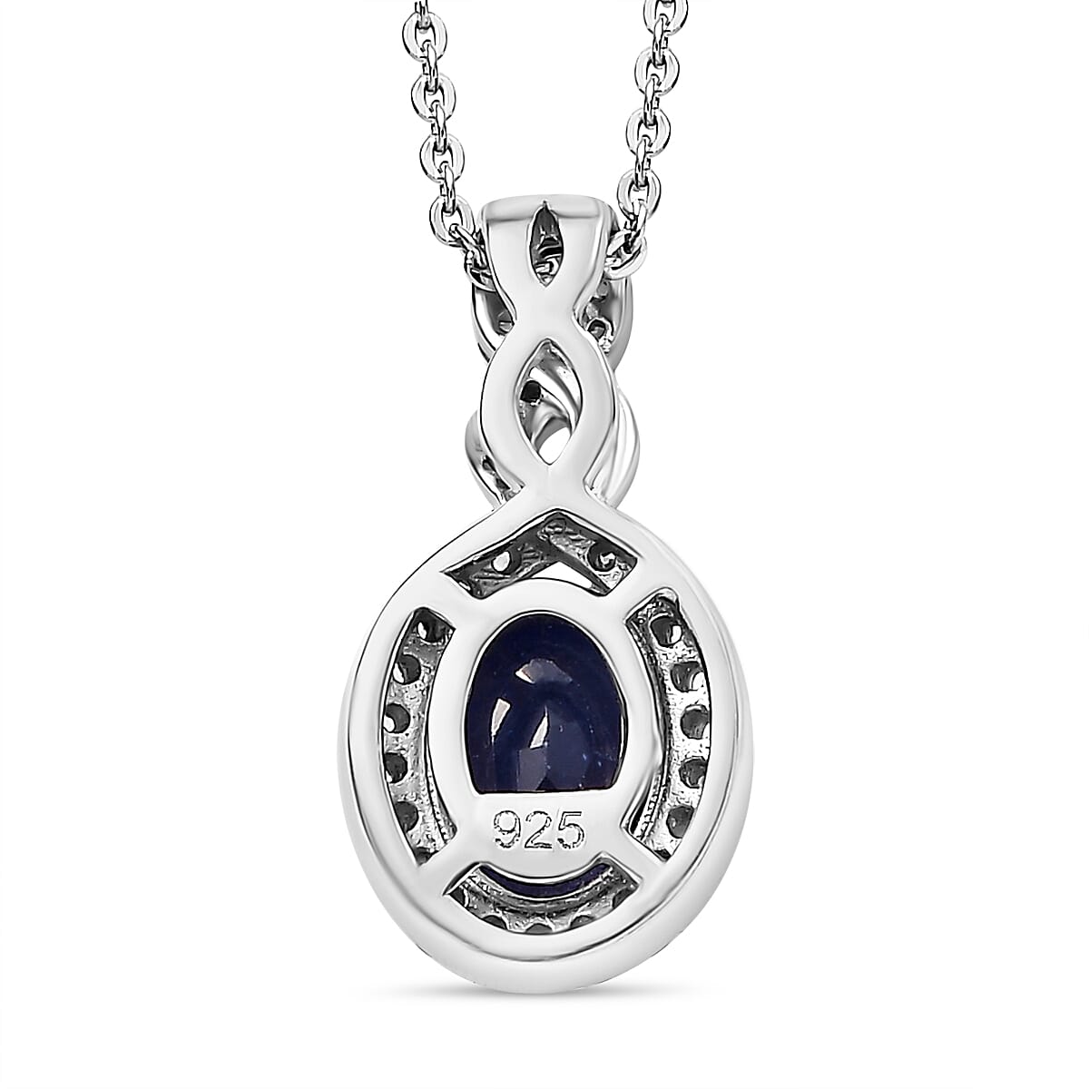 Fissure Filled Blue Sapphire, White Zircon Halo Pendant with Chain (Size 20) in Rhodium Overlay Sterling Silver 4290792 4