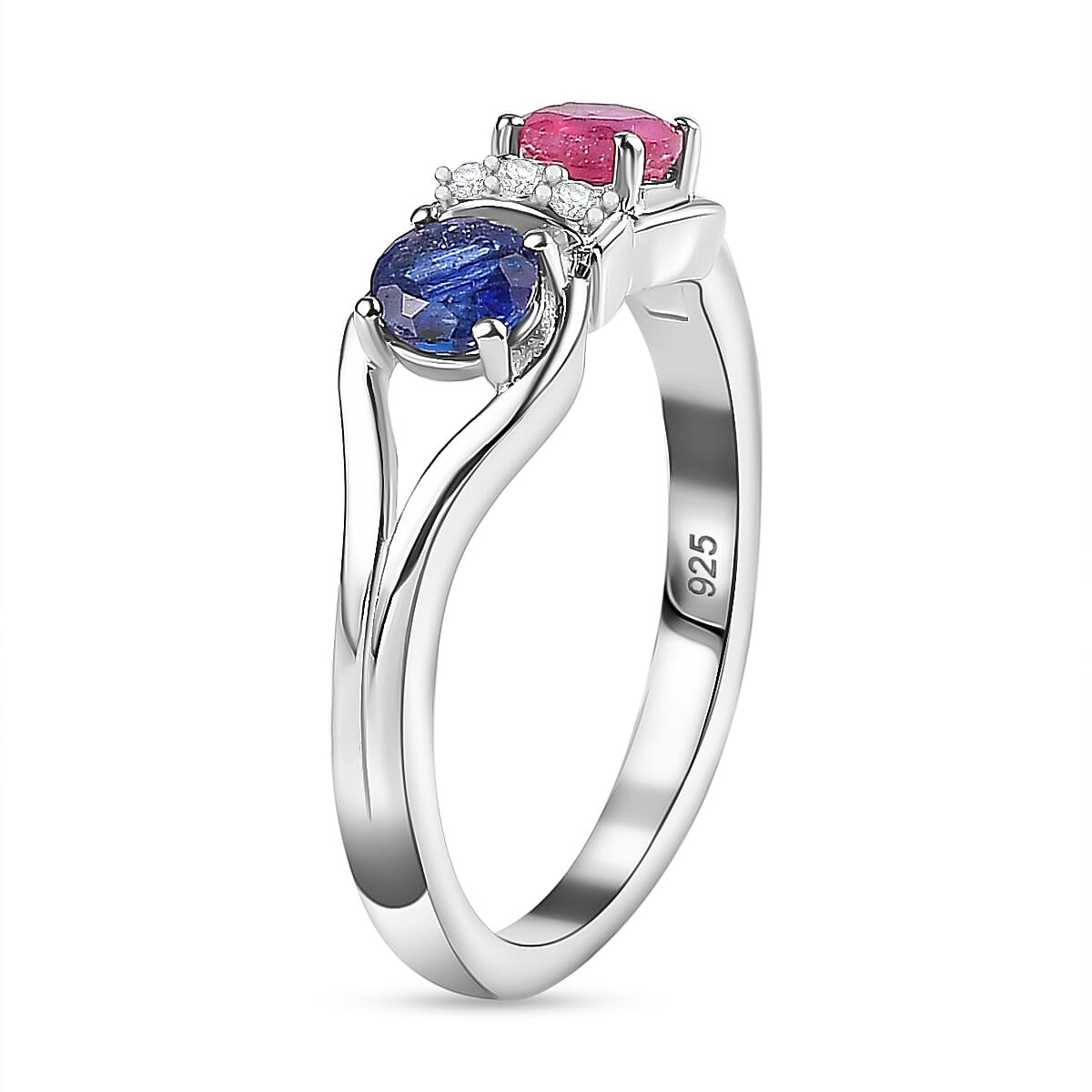 Fissure Filled Blue Sapphire , White Zircon Ring in Platinum Overlay Sterling Silver 7780119 4