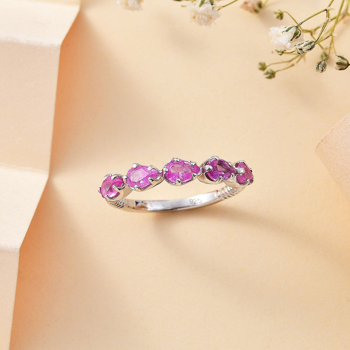 Fissure Filled Pink Sapphire 5-Stone Ring in Platinum Overlay Sterling Silver 1.54 Ct 7816514 2
