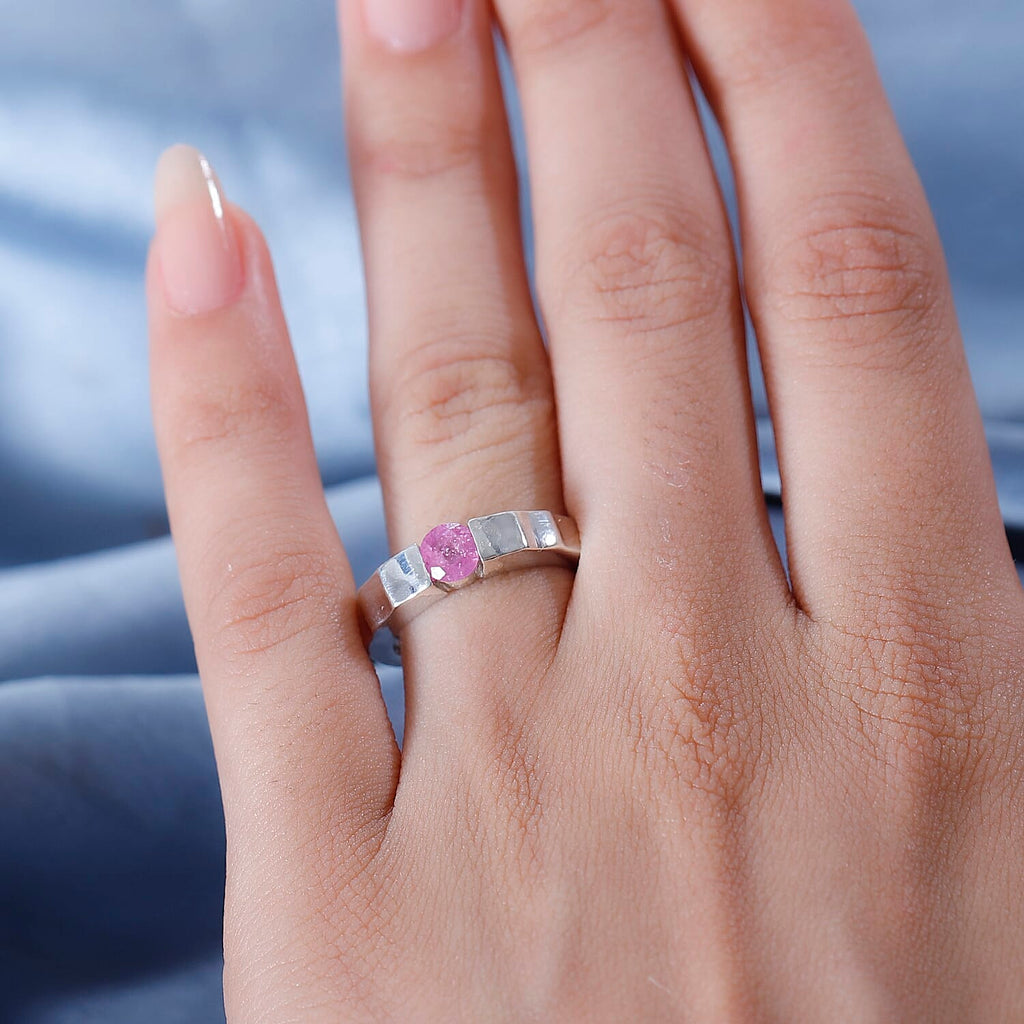 Fissure Filled Pink Sapphire  Solitaire Ring in rhodium Sterling Silver