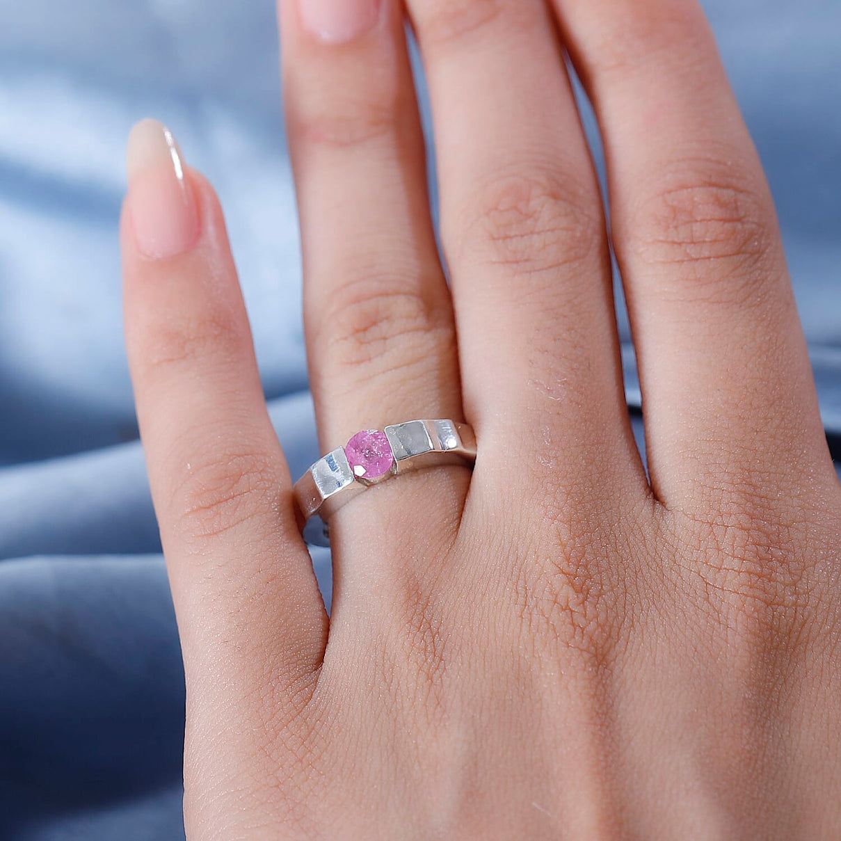 Fissure Filled Pink Sapphire  Solitaire Ring in Rhodium Overlay Sterling Silver 7861406 2