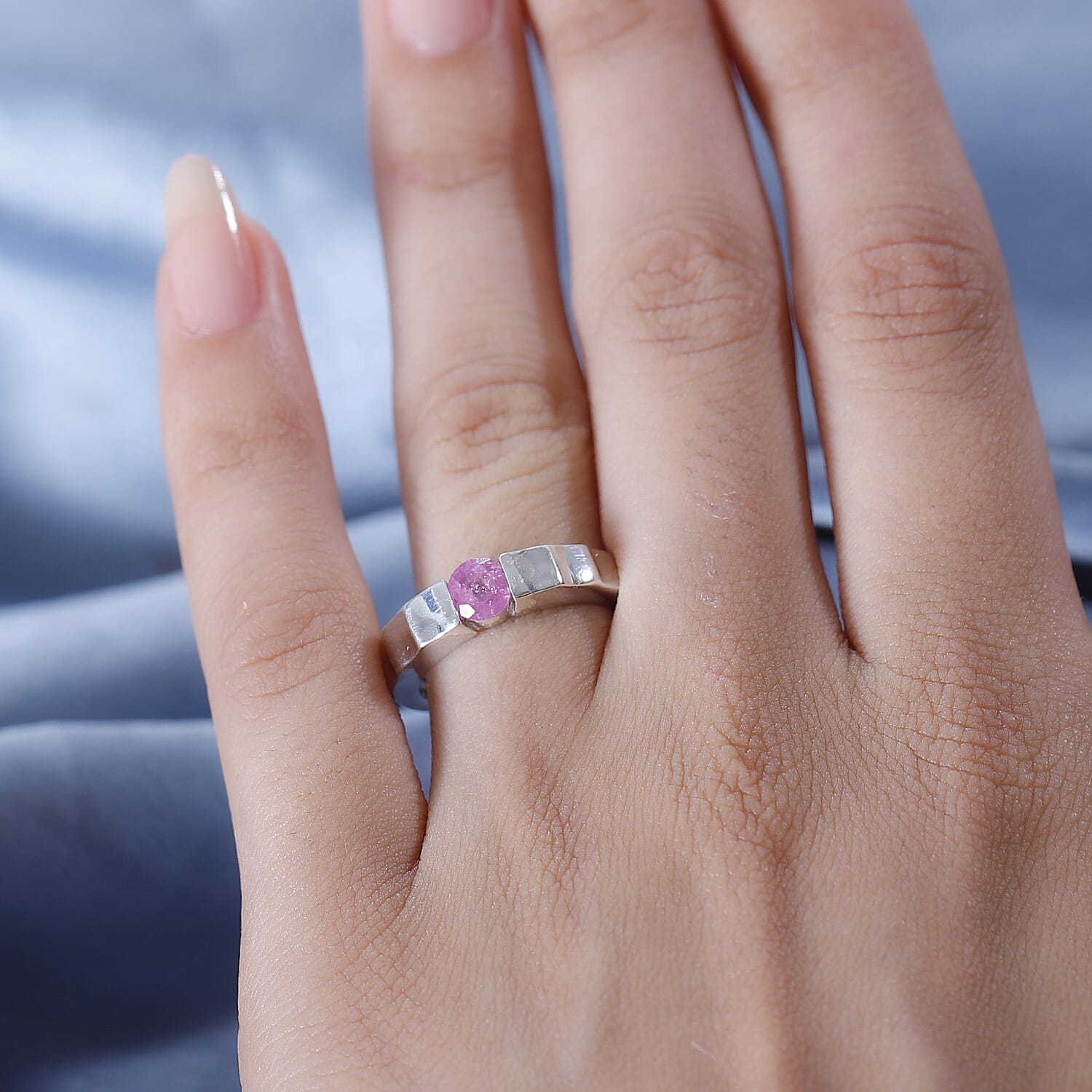 Fissure Filled Pink Sapphire  Solitaire Ring in Rhodium Overlay Sterling Silver 7861406 2