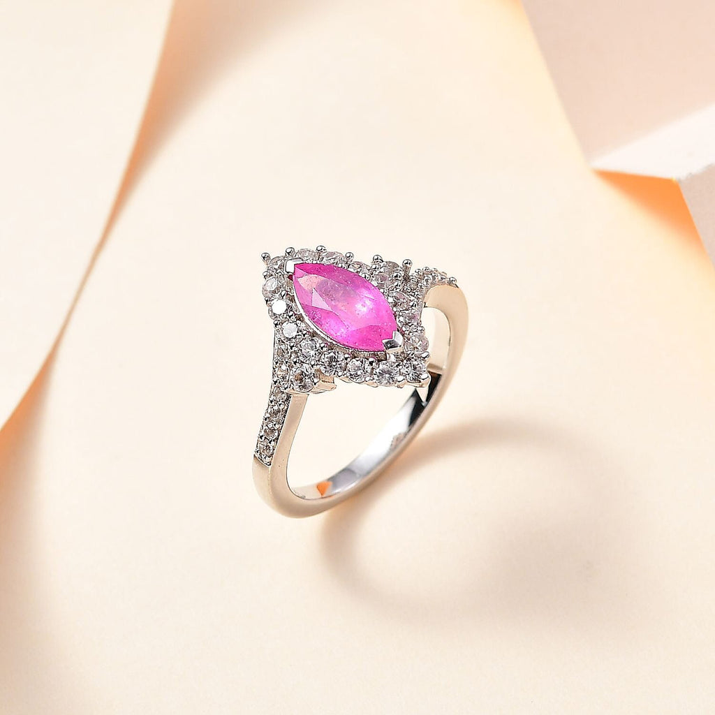 Pink Sapphire & Natural Zircon Halo Ring in Platinum Overlay Sterling Silver 2.15 Ct