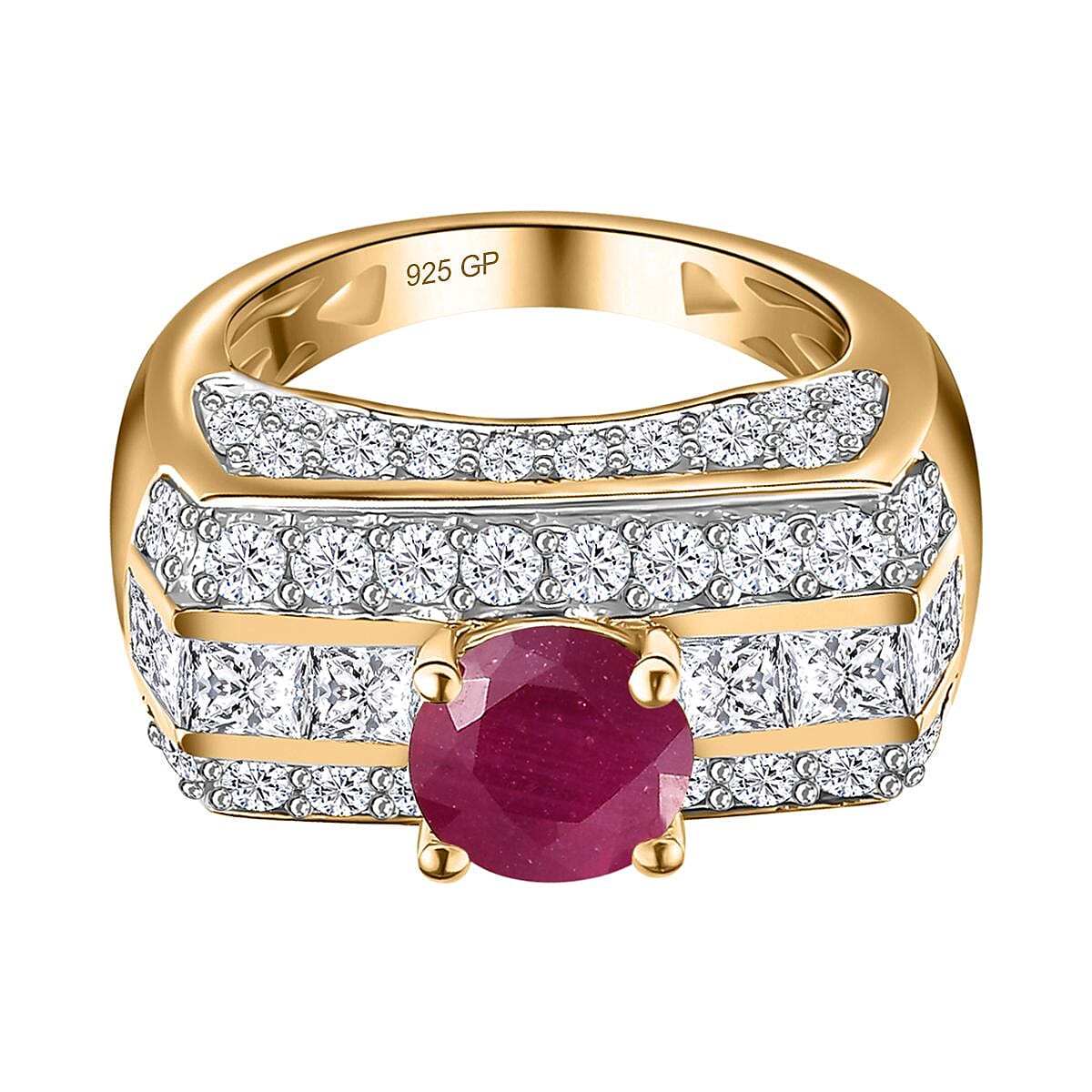 GP Art Deco Collection - Ruby &amp; Moissanite Ring in 18K Vermeil YG Plated Sterling Silver 3.96 Ct, Silver Wt. 7.76 Gms 7668535 0