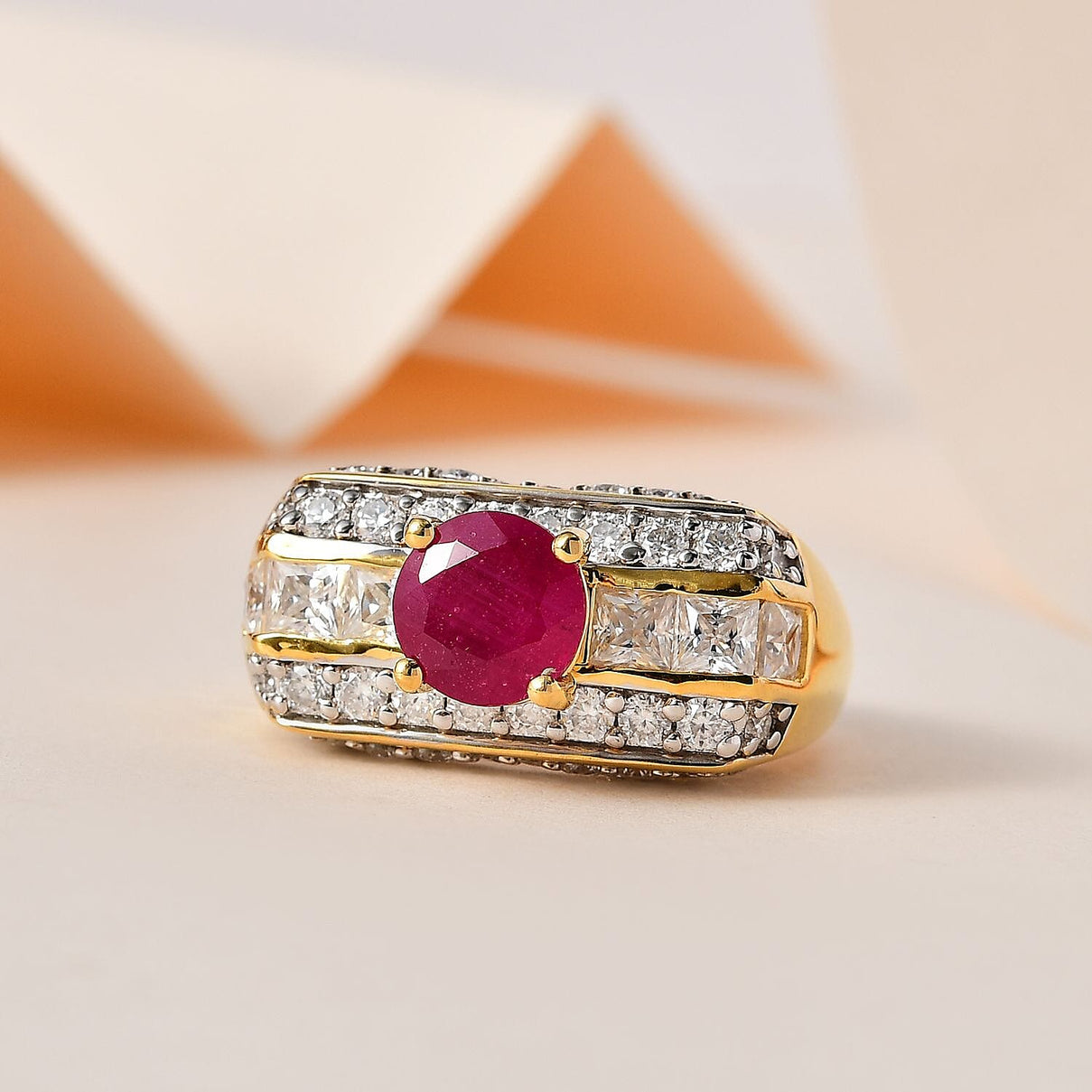 GP Art Deco Collection - Ruby &amp; Moissanite Ring in 18K Vermeil YG Plated Sterling Silver 3.96 Ct, Silver Wt. 7.76 Gms 7668535 1