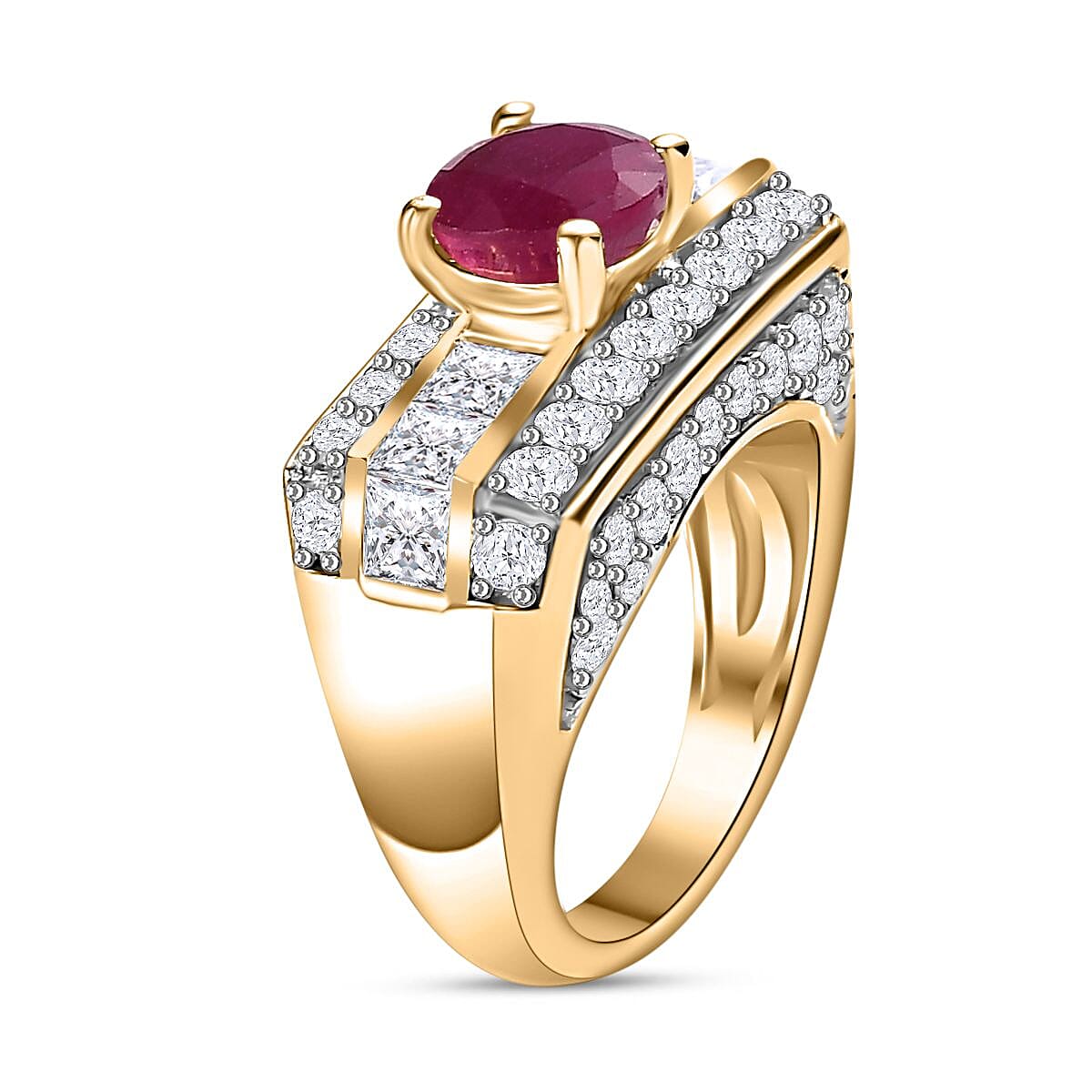 GP Art Deco Collection - Ruby &amp; Moissanite Ring in 18K Vermeil YG Plated Sterling Silver 3.96 Ct, Silver Wt. 7.76 Gms 7668535 3