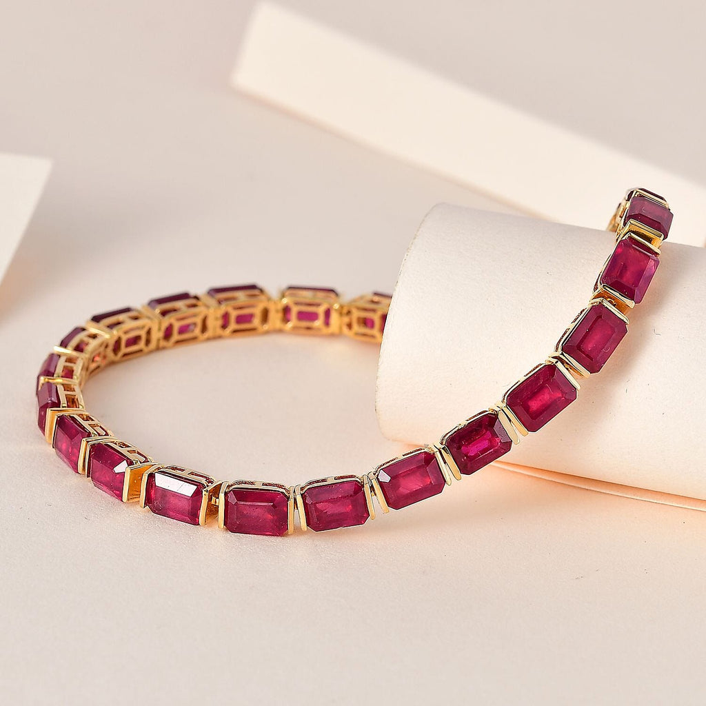 Ruby Tennis Bracelet (Size - 7) in 18K Vermeil Yellow Gold Sterling Silver 29.30 Ct, Silver Wt. 9.95 Gms