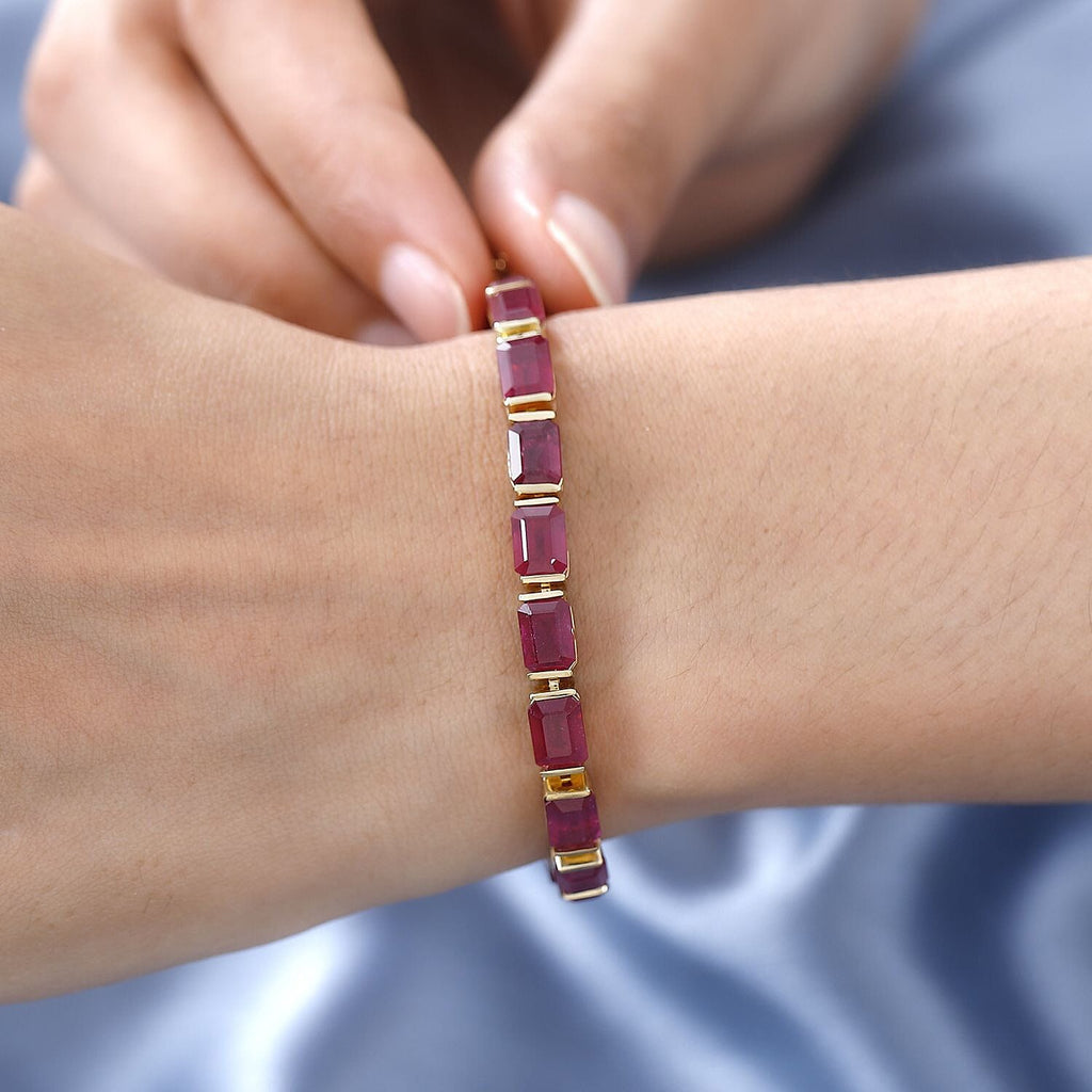 Ruby Tennis Bracelet (Size - 7) in 18K Vermeil Yellow Gold Sterling Silver 29.30 Ct, Silver Wt. 9.95 Gms