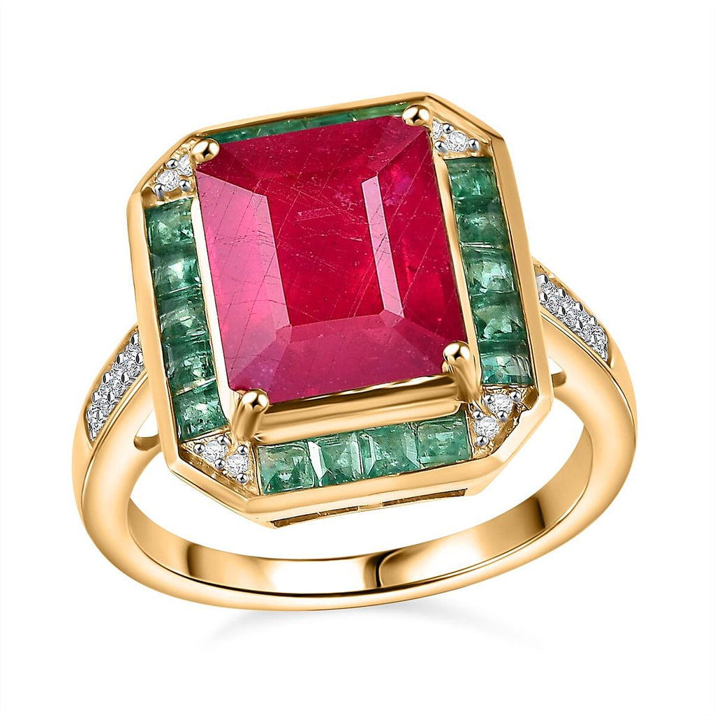 African Ruby, Gemfields Emerald & Natural Zircon Ring in 18K Gold Vermeil Sterling Silver 5.60 Ct