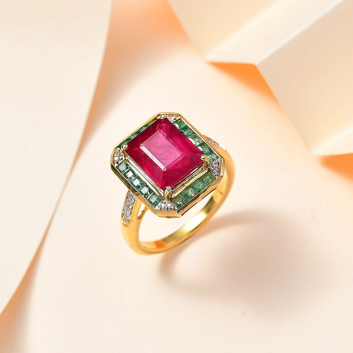 African Ruby, Gemfields Emerald and Natural Zircon Halo Ring in 18K Gold Vermeil Sterling Silver 7778847 1
