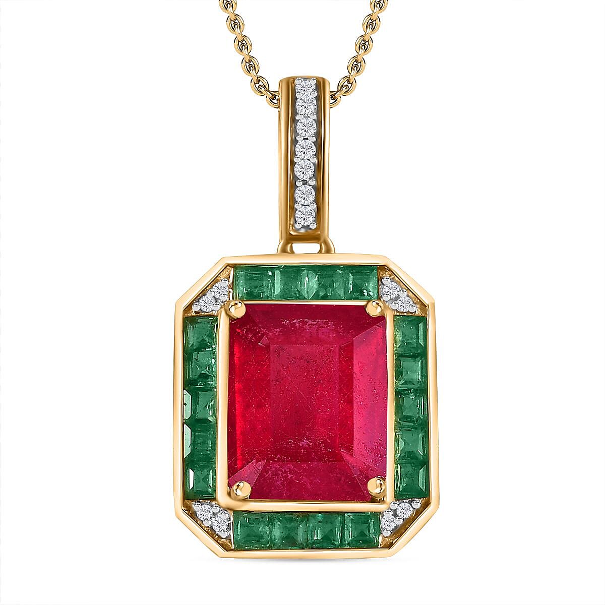 African Ruby, Gemfields Emerald and Natural Zircon Pendant with Chain (Size 20) in 18K Gold Vermeil Plated Sterling Silver 6.46 ct. 4271886 0