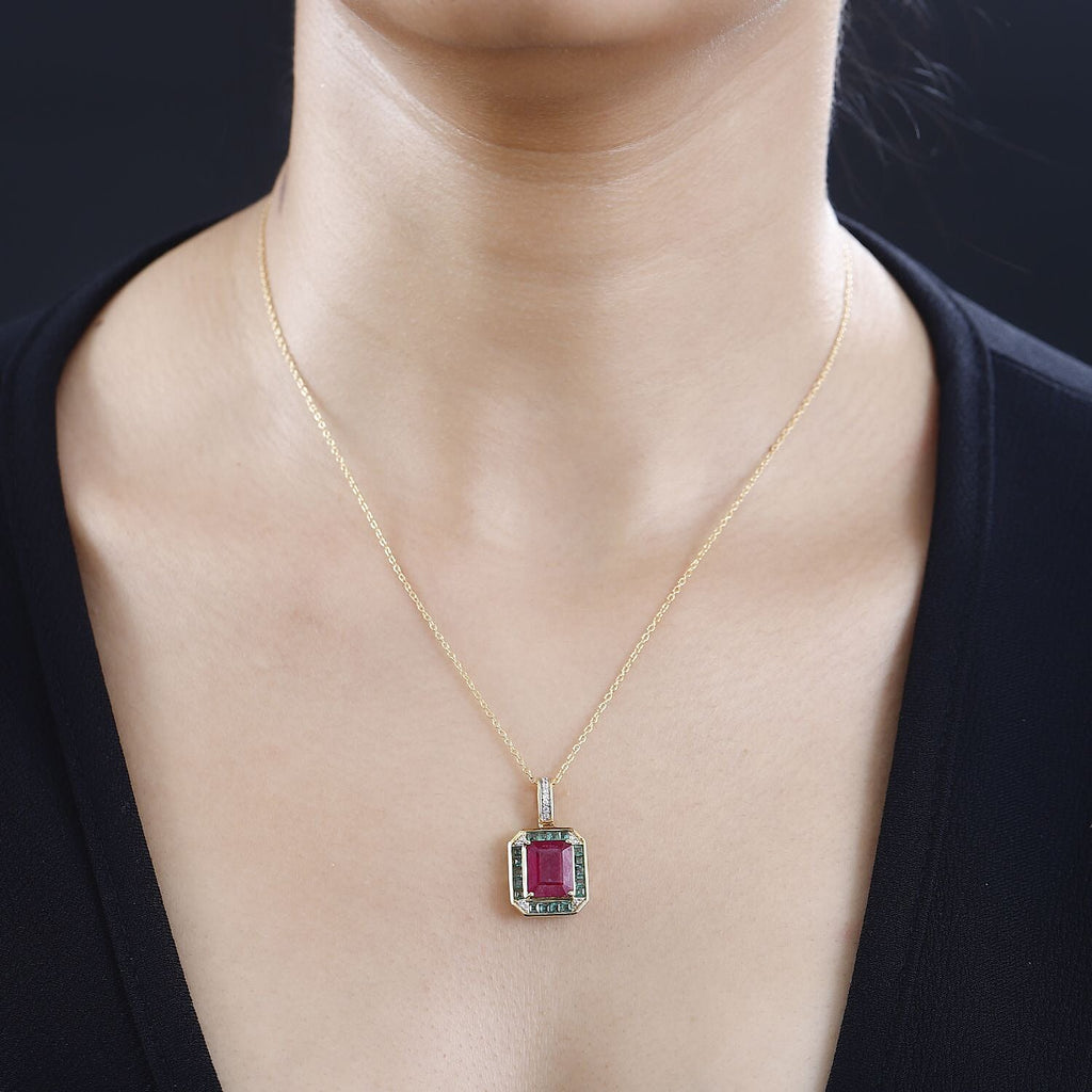 African Ruby, Gemfields Emeral & Natural Zircon Pendant with Chain (Size 20) in 18k Gold Vermeil Sterling Silver 6.46 Ct.