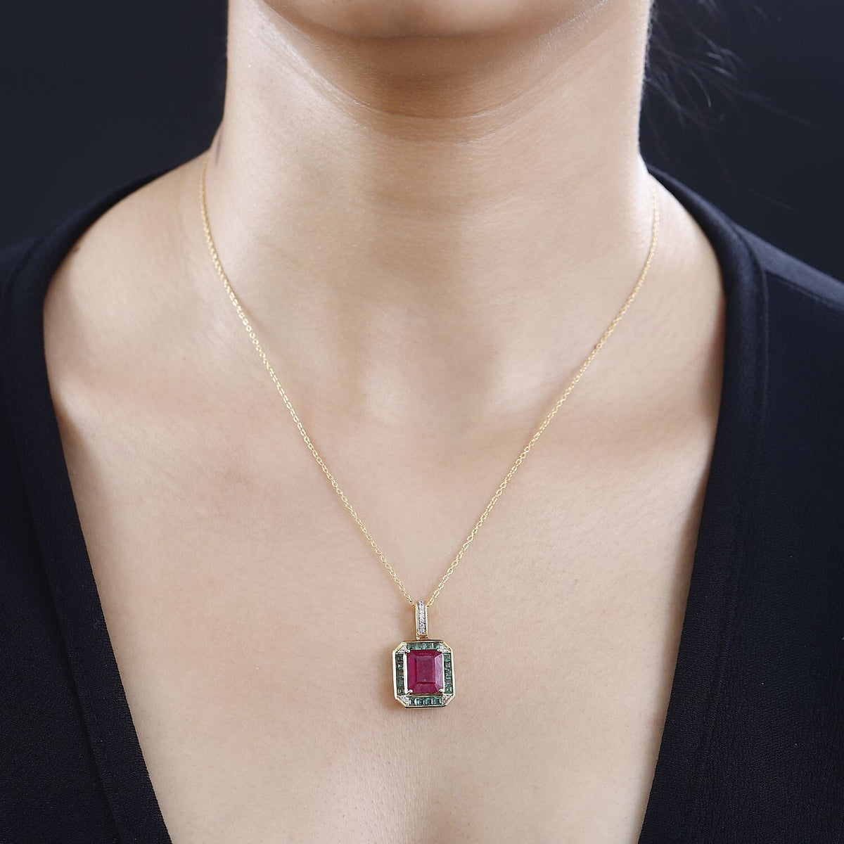African Ruby, Gemfields Emerald and Natural Zircon Pendant with Chain (Size 20) in 18K Gold Vermeil Plated Sterling Silver 6.46 ct. 4271886 2