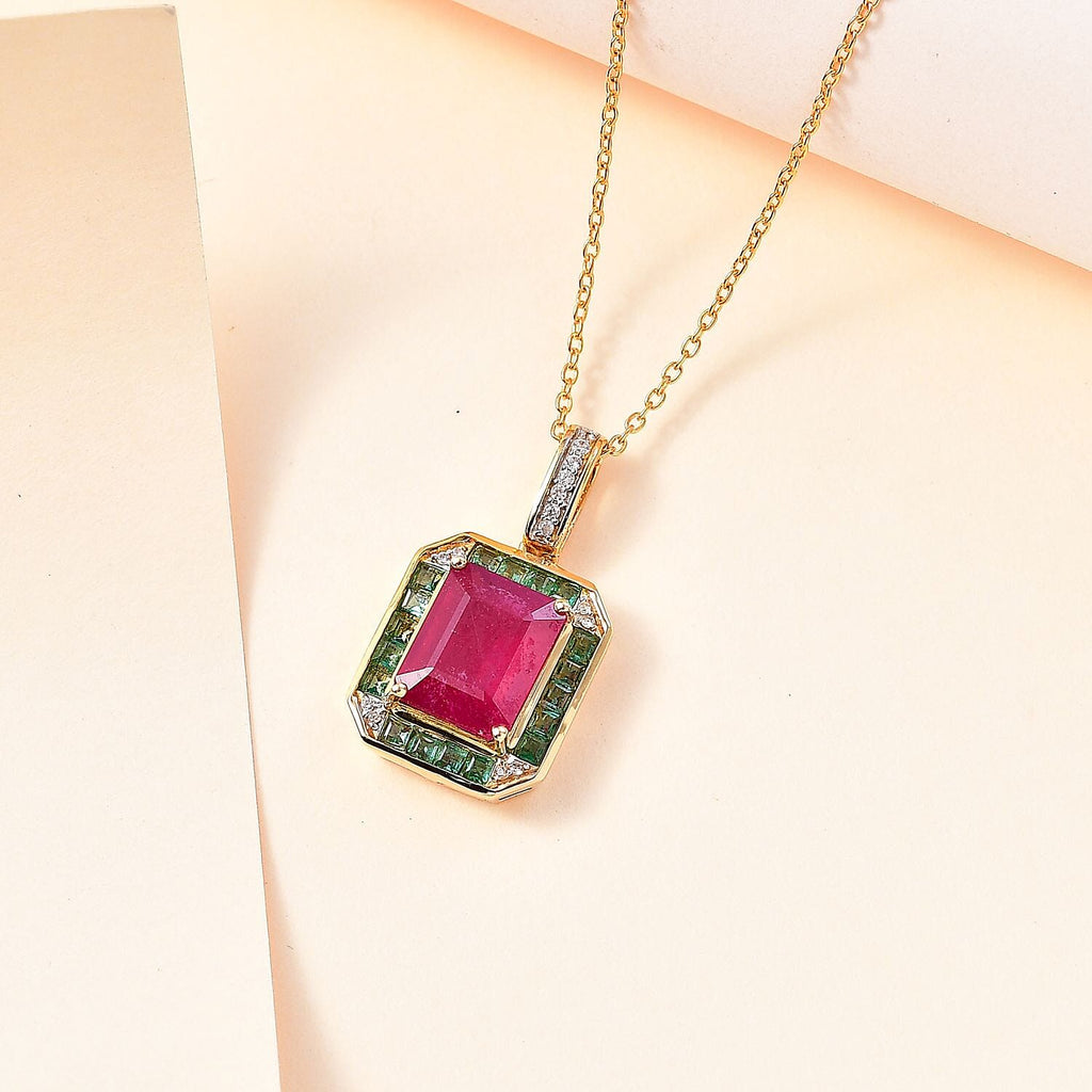 African Ruby, Gemfields Emeral & Natural Zircon Pendant with Chain (Size 20) in 18k Gold Vermeil Sterling Silver 6.46 Ct.