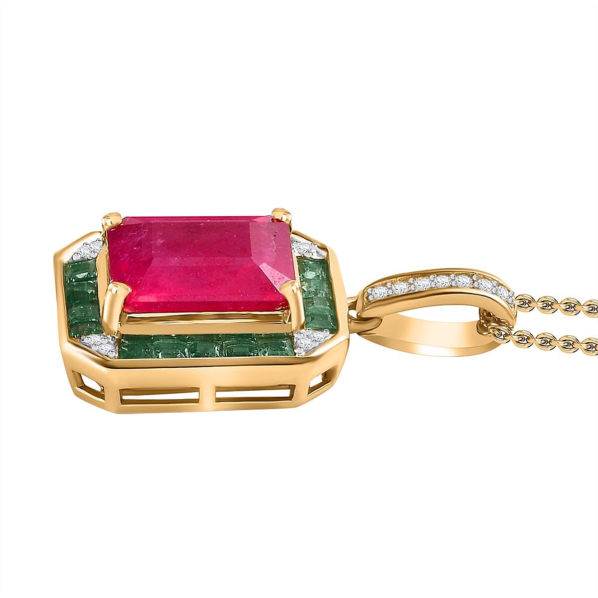 African Ruby, Gemfields Emerald and Natural Zircon Pendant with Chain (Size 20) in 18K Gold Vermeil Plated Sterling Silver 6.46 ct. 4271886 4