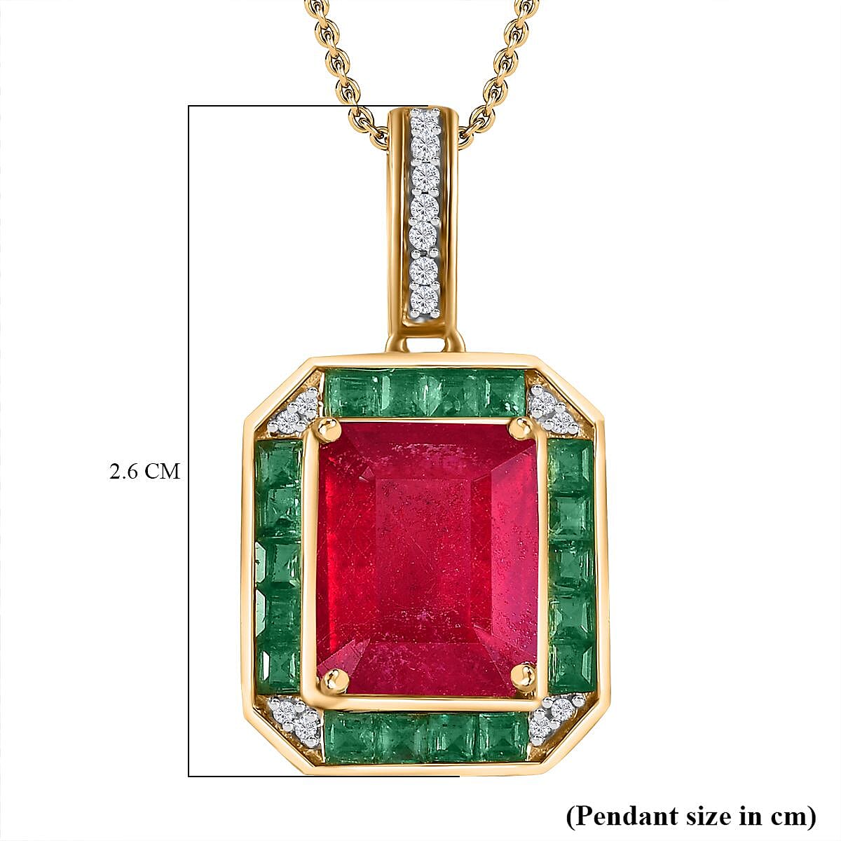 African Ruby, Gemfields Emerald and Natural Zircon Pendant with Chain (Size 20) in 18K Gold Vermeil Plated Sterling Silver 6.46 ct. 4271886 6