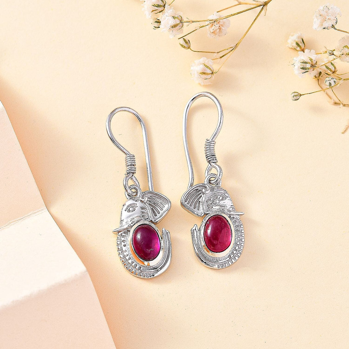 Fissure Filled Ruby Elephant Solitaire Earrings in Rhodium Overlay Sterling Silver 7810478 2