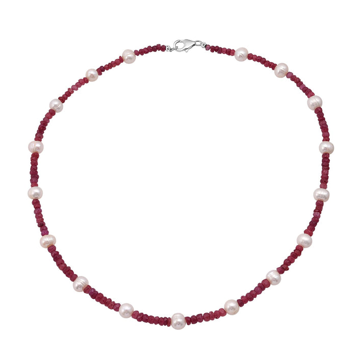 African Ruby &amp; Freshwater Pearl Necklace (Size - 18) in Rhodium Overlay Sterling Silver 90.00  Ct. 8507962 1