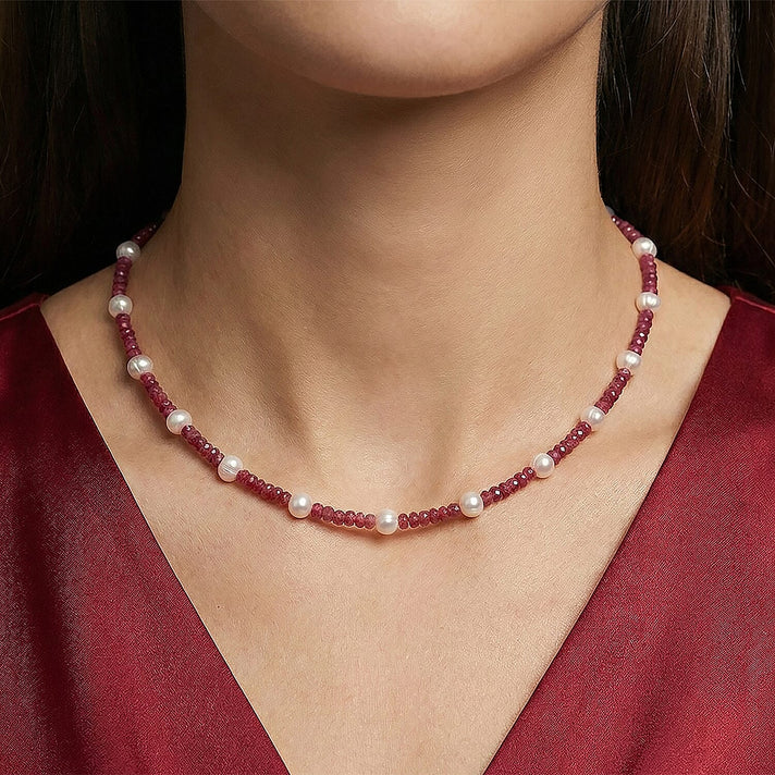 African Ruby &amp; Freshwater Pearl Necklace (Size - 18) in Rhodium Overlay Sterling Silver 90.00  Ct. 8507962 2
