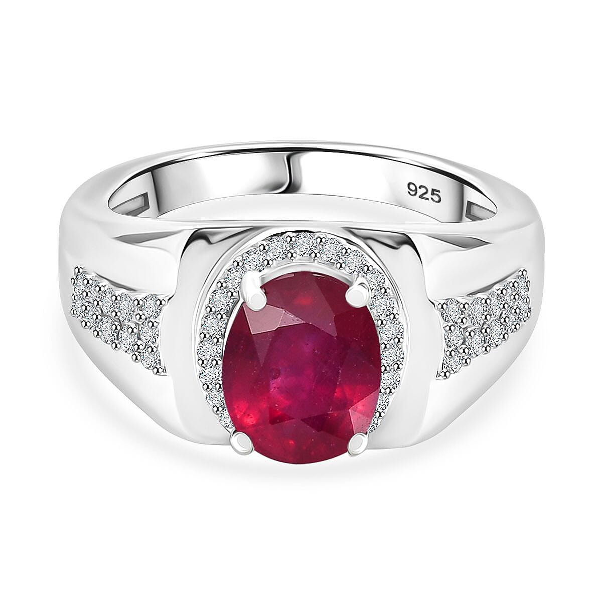 African Ruby and Moissanite Halo Ring in Rhodium Overlay Sterling Silver 3.20 Cts. 8042419 0