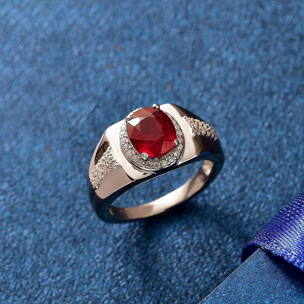 African Ruby and Moissanite Halo Ring in Rhodium Overlay Sterling Silver 3.20 Cts. 8042419 2