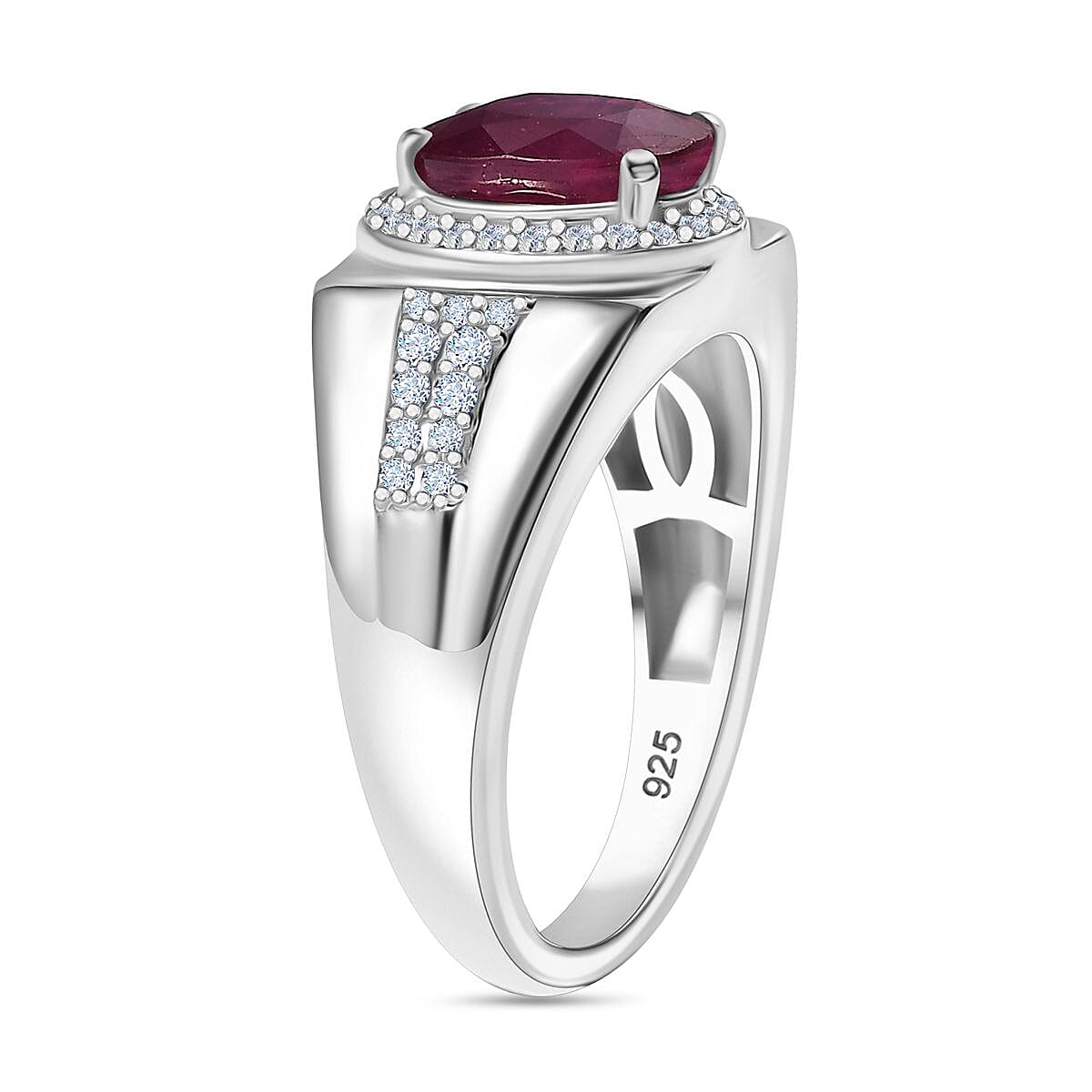 African Ruby and Moissanite Halo Ring in Rhodium Overlay Sterling Silver 3.20 Cts. 8042419 4