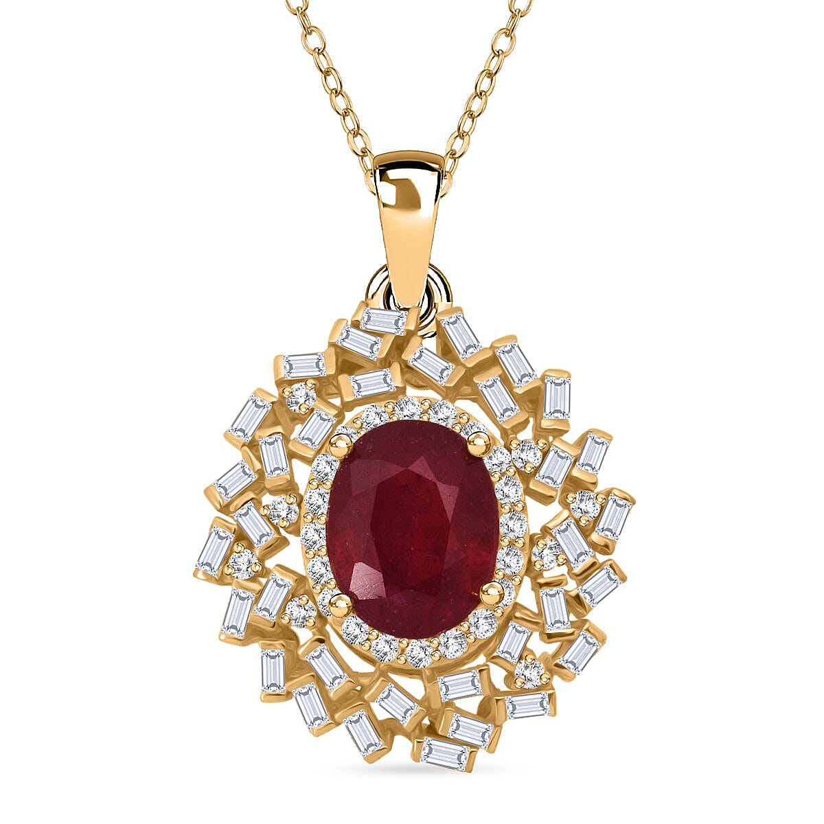 D'Joy - Fissure Filled Ruby &amp; Moissanite Halo Pendant with Chain (Size 20) in 18K Vermeil Yellow Gold Plated Sterling Silver 3.20 Ct. 4428981 0