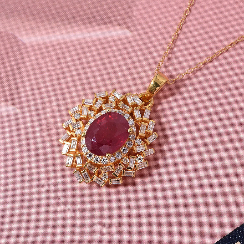 D'Joy Fissure Filled Ruby & Moissanite Halo Pendant with Chain (Size 20) in 18K Vermeil Yellow Gold Plated Sterling Silver 3.20 Ct.