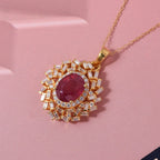 D'Joy Fissure Filled Ruby & Moissanite Halo Pendant with Chain (Size 20) in 18K Vermeil Yellow Gold Plated Sterling Silver 3.20 Ct.