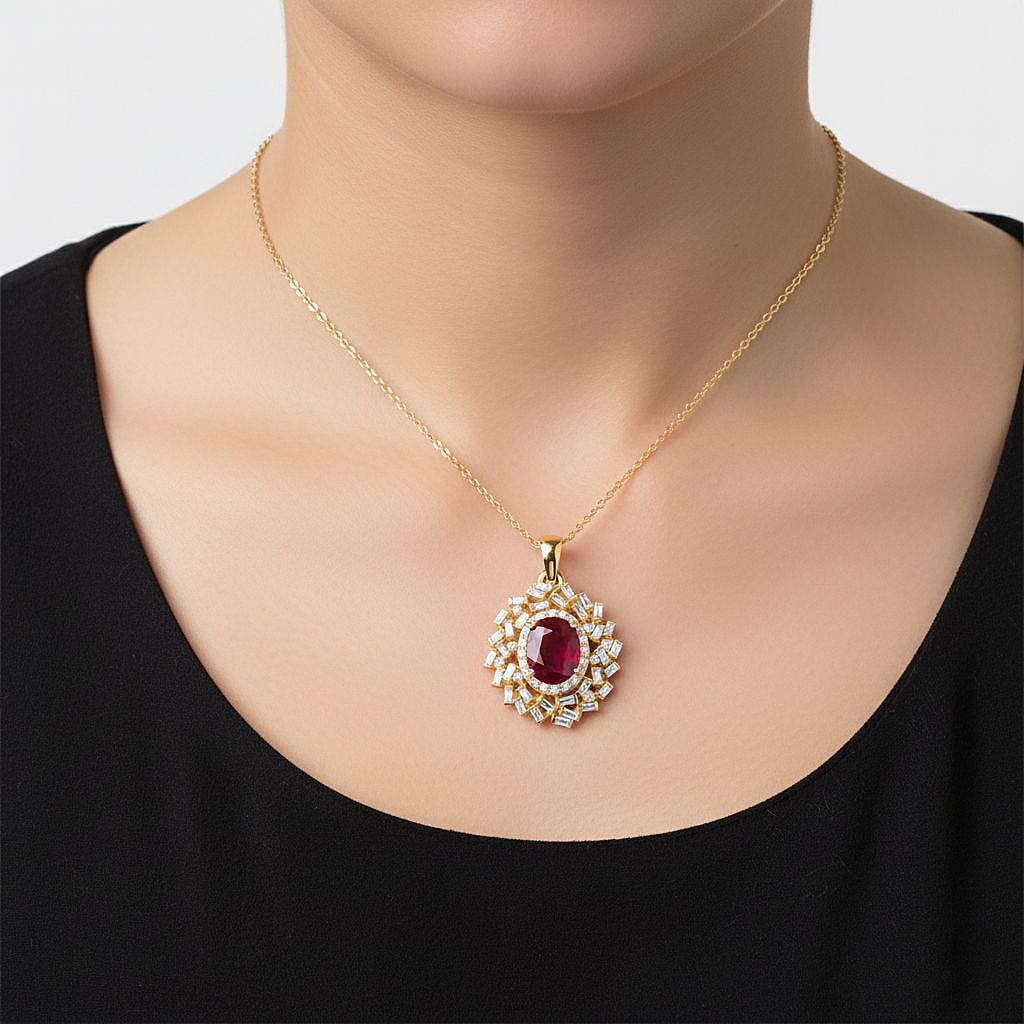 D'Joy - Fissure Filled Ruby &amp; Moissanite Halo Pendant with Chain (Size 20) in 18K Vermeil Yellow Gold Plated Sterling Silver 3.20 Ct. 4428981 3