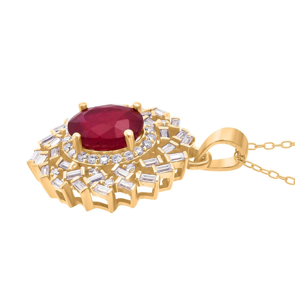 D'Joy - Fissure Filled Ruby &amp; Moissanite Halo Pendant with Chain (Size 20) in 18K Vermeil Yellow Gold Plated Sterling Silver 3.20 Ct. 4428981 4