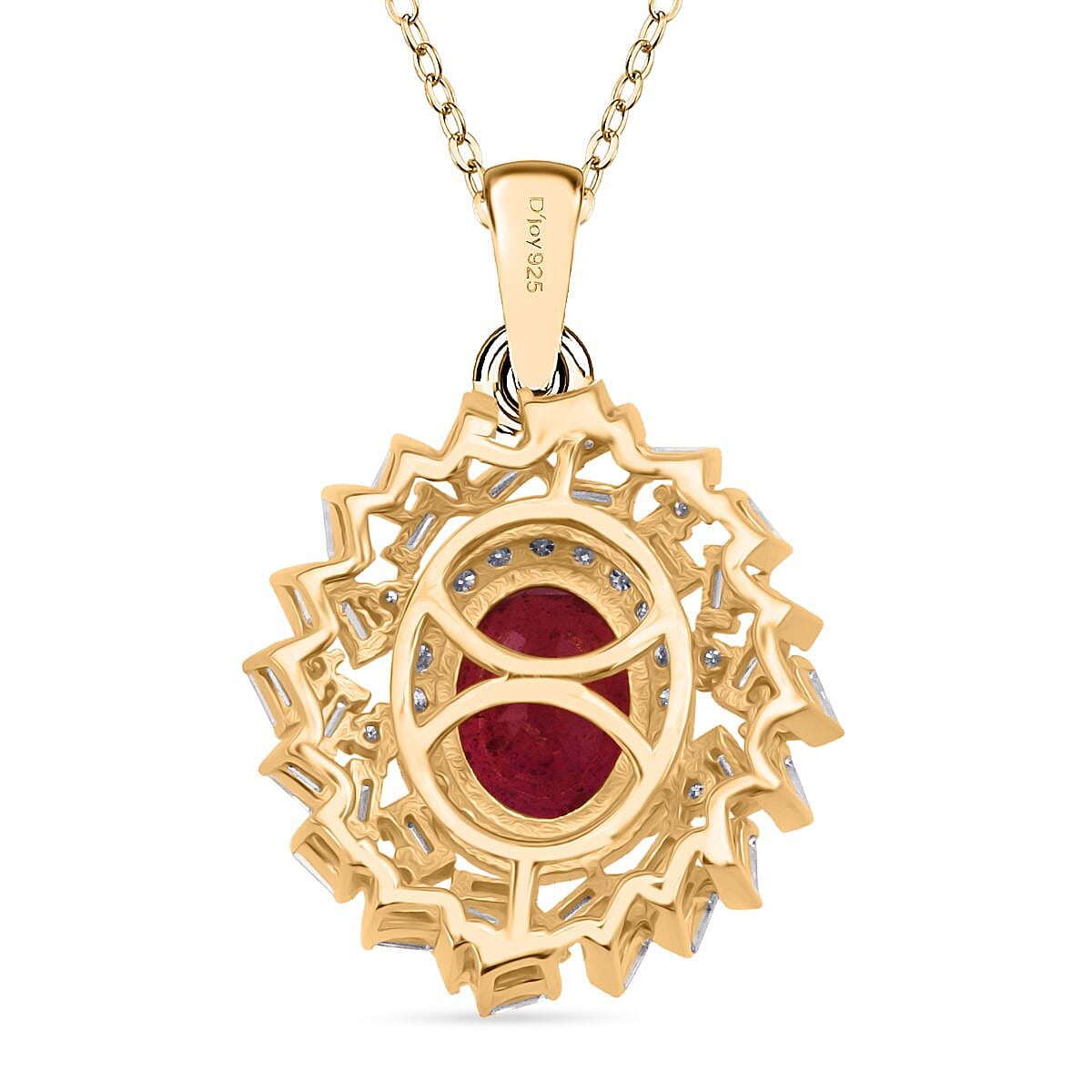 D'Joy - Fissure Filled Ruby &amp; Moissanite Halo Pendant with Chain (Size 20) in 18K Vermeil Yellow Gold Plated Sterling Silver 3.20 Ct. 4428981 5