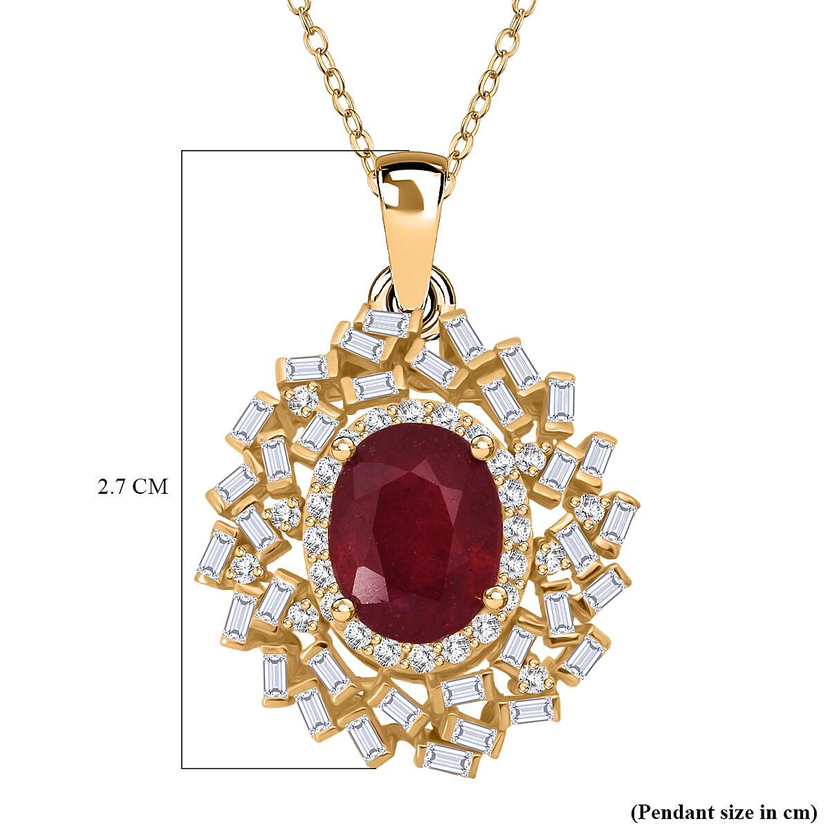 D'Joy - Fissure Filled Ruby &amp; Moissanite Halo Pendant with Chain (Size 20) in 18K Vermeil Yellow Gold Plated Sterling Silver 3.20 Ct. 4428981 6