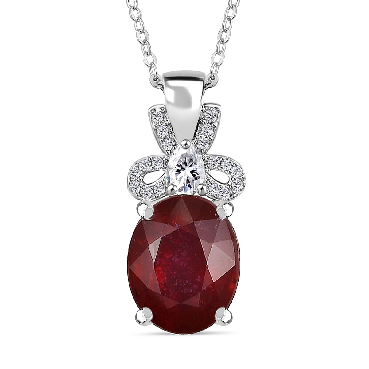 African Ruby &amp; Moissanite Pendant with Chain (Size - 20) in Rhodium Overlay Sterling Silver 5.75 Ct. 4341190 0