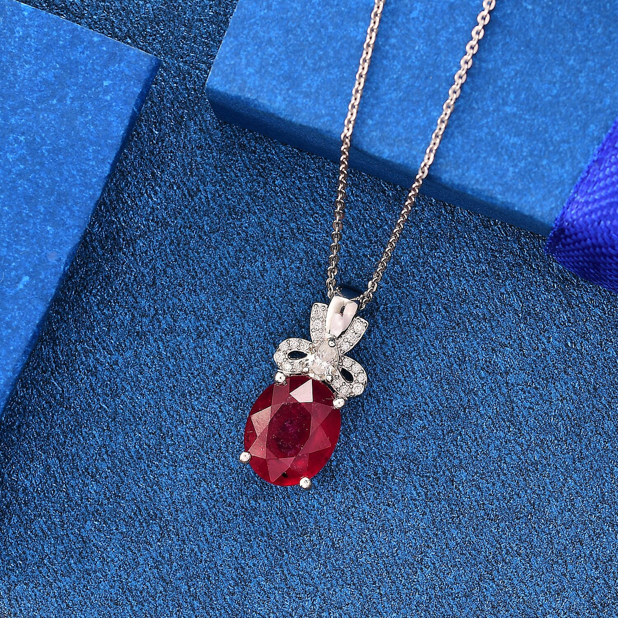 African Ruby &amp; Moissanite Pendant with Chain (Size - 20) in Rhodium Overlay Sterling Silver 5.75 Ct. 4341190 2