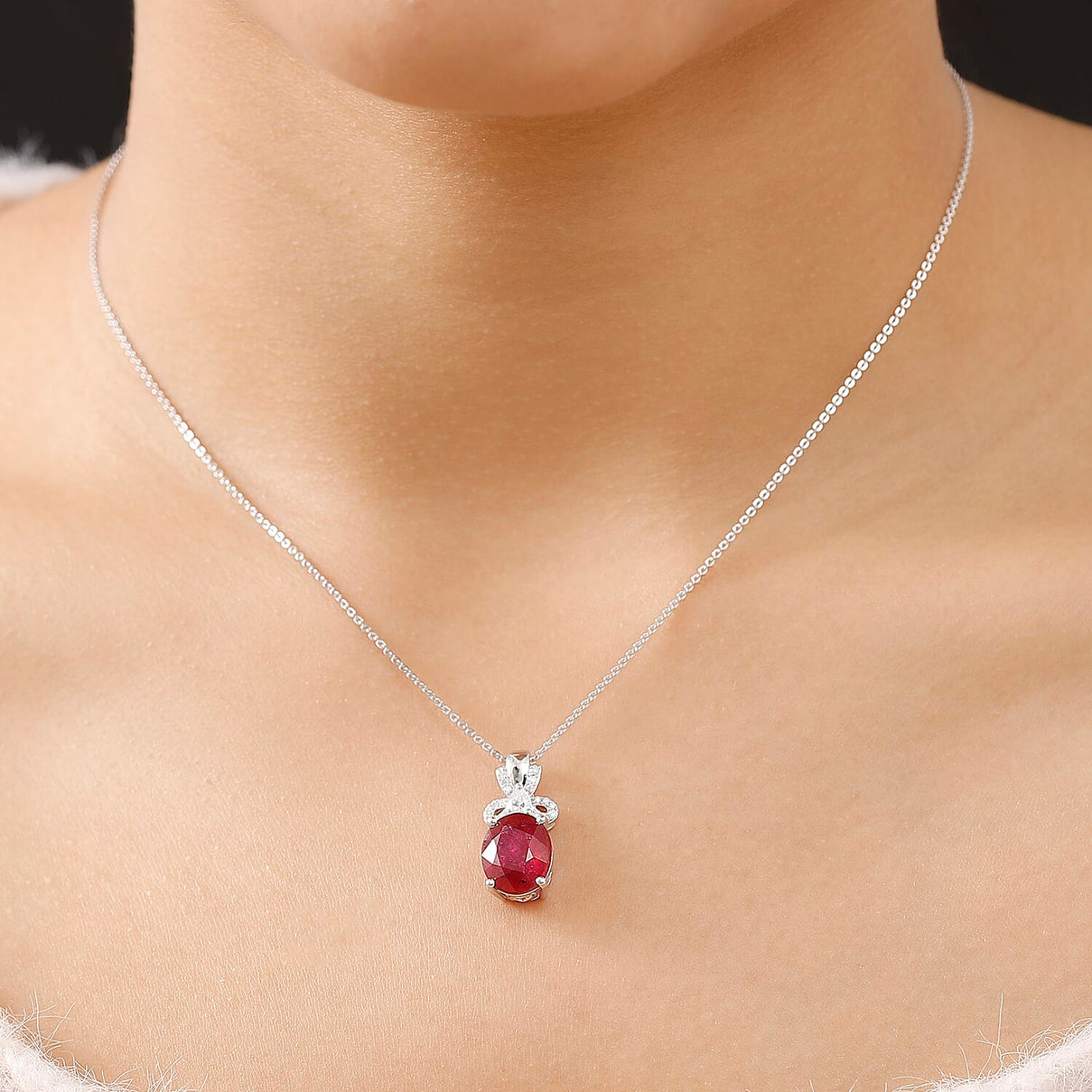 African Ruby &amp; Moissanite Pendant with Chain (Size - 20) in Rhodium Overlay Sterling Silver 5.75 Ct. 4341190 3