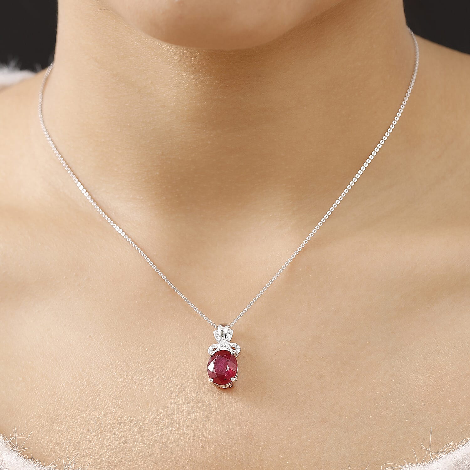 African Ruby &amp; Moissanite Pendant with Chain (Size - 20) in Rhodium Overlay Sterling Silver 5.75 Ct. 4341190 3