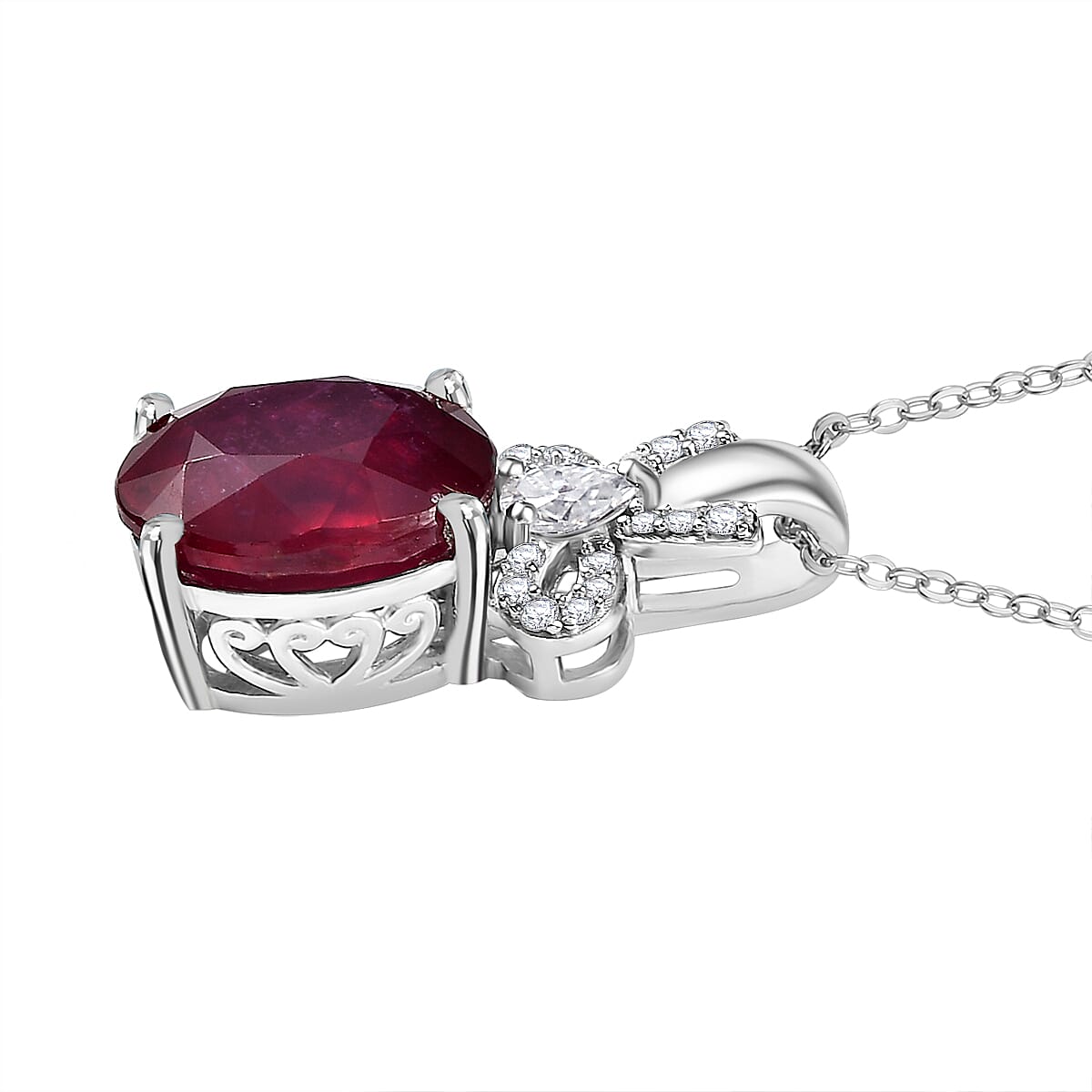 African Ruby &amp; Moissanite Pendant with Chain (Size - 20) in Rhodium Overlay Sterling Silver 5.75 Ct. 4341190 4