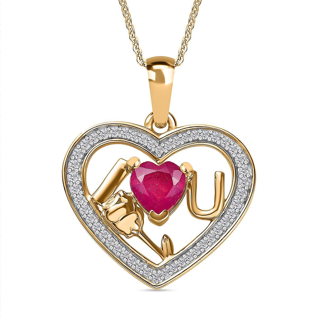 African Ruby & Moissanite Heart Pendant with Chain (Size 20) in 18K Gold Vermeil Sterling Silver 2.02 Ct