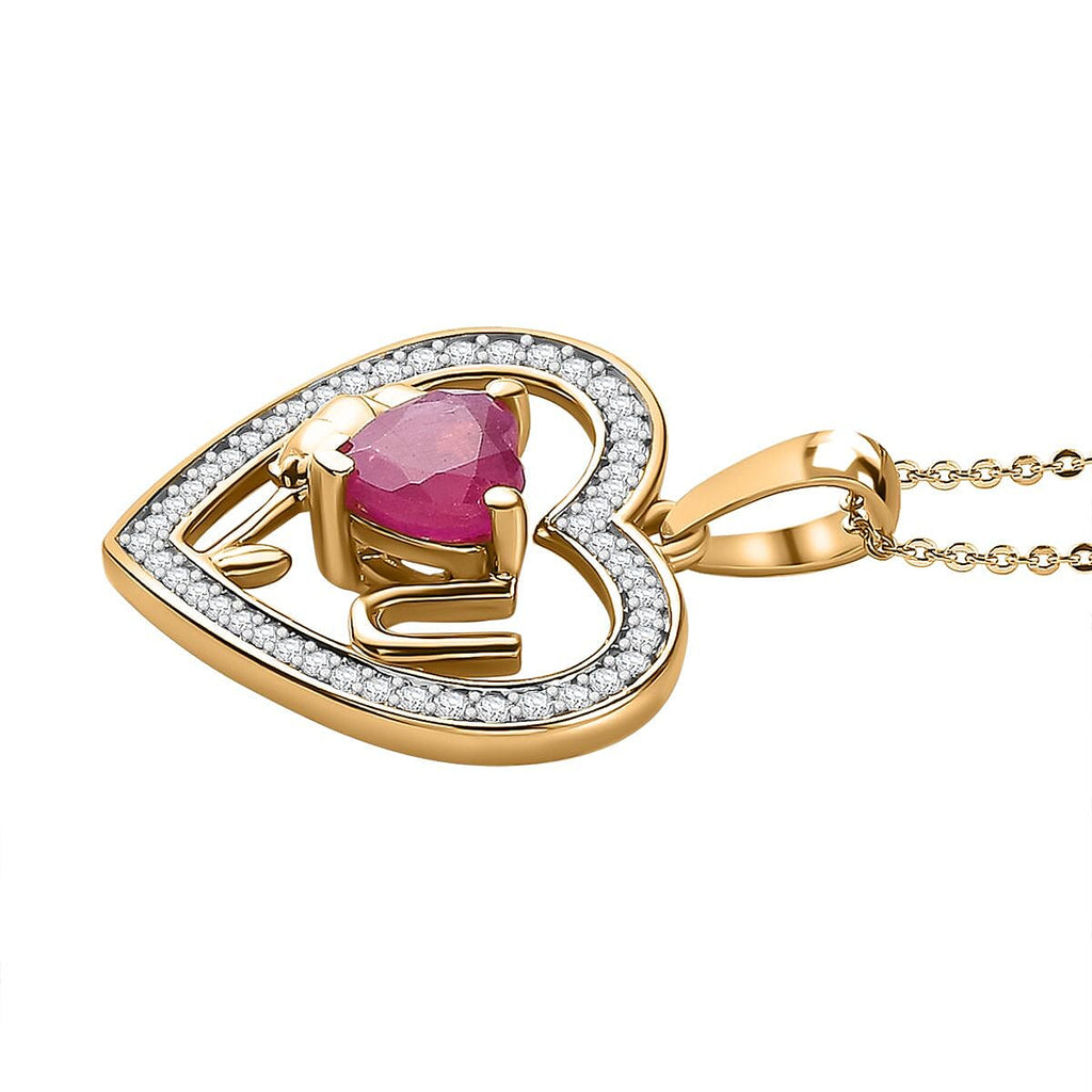 African Ruby & Moissanite Heart Pendant with Chain (Size 20) in 18K Gold Vermeil Sterling Silver 2.02 Ct