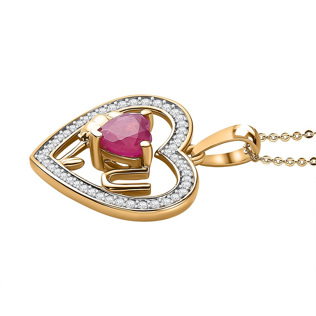 Fissure Filled Ruby, Moissanite Pendant with Chain (Size 20) in 18K Vermeil YG Plated Sterling Silver 0.38 ct  Silver Wt. 5.37 Gms  2.020  Ct. 4250611 3