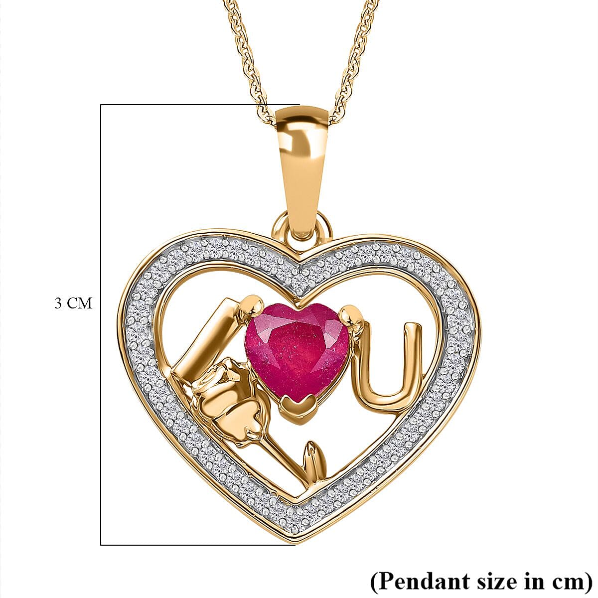 Fissure Filled Ruby, Moissanite Pendant with Chain (Size 20) in 18K Vermeil YG Plated Sterling Silver 0.38 ct  Silver Wt. 5.37 Gms  2.020  Ct. 4250611 6
