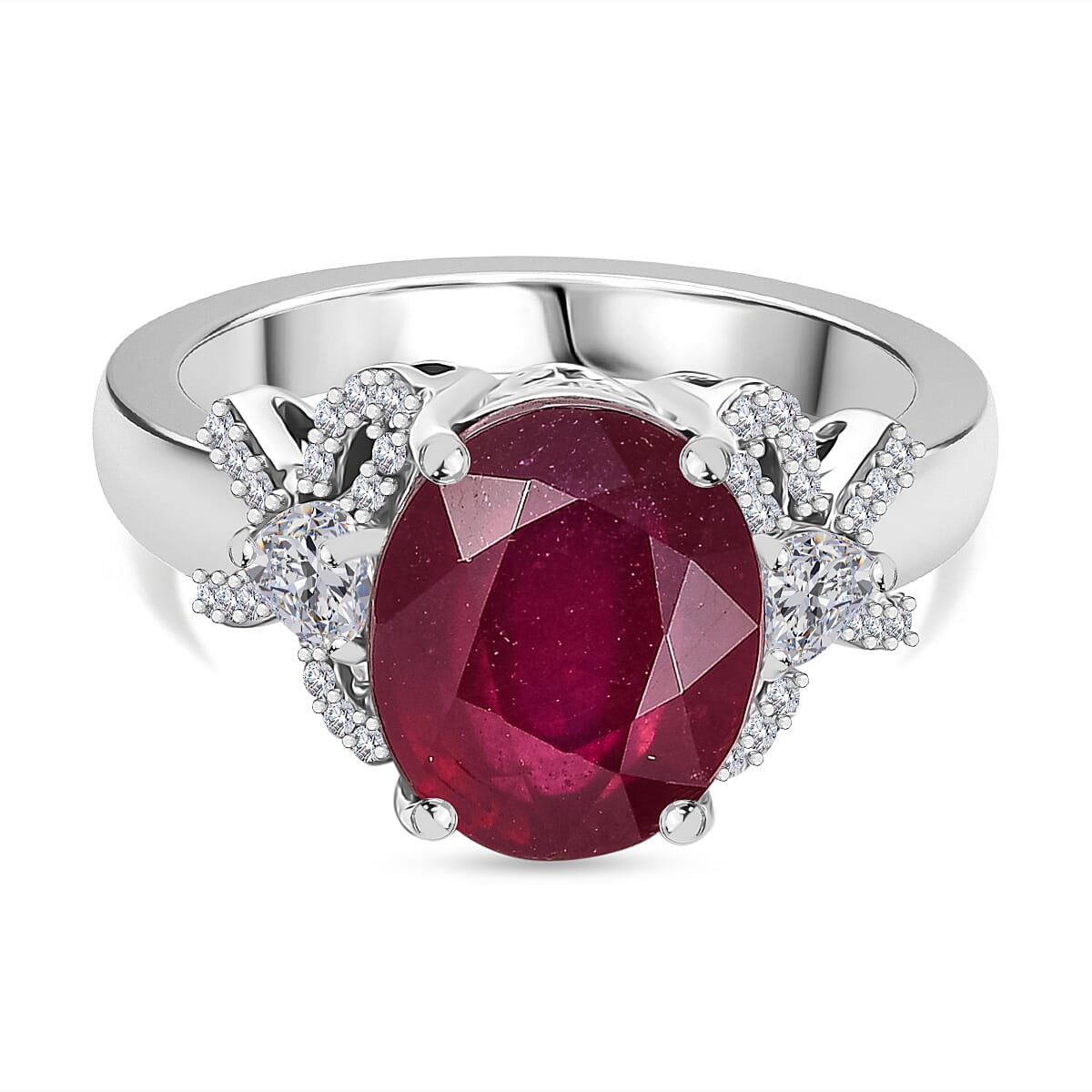 African Ruby, Moissanite Knot Ring in Rhodium Overlay Sterling Silver 6.01 Cts. 8042376 0