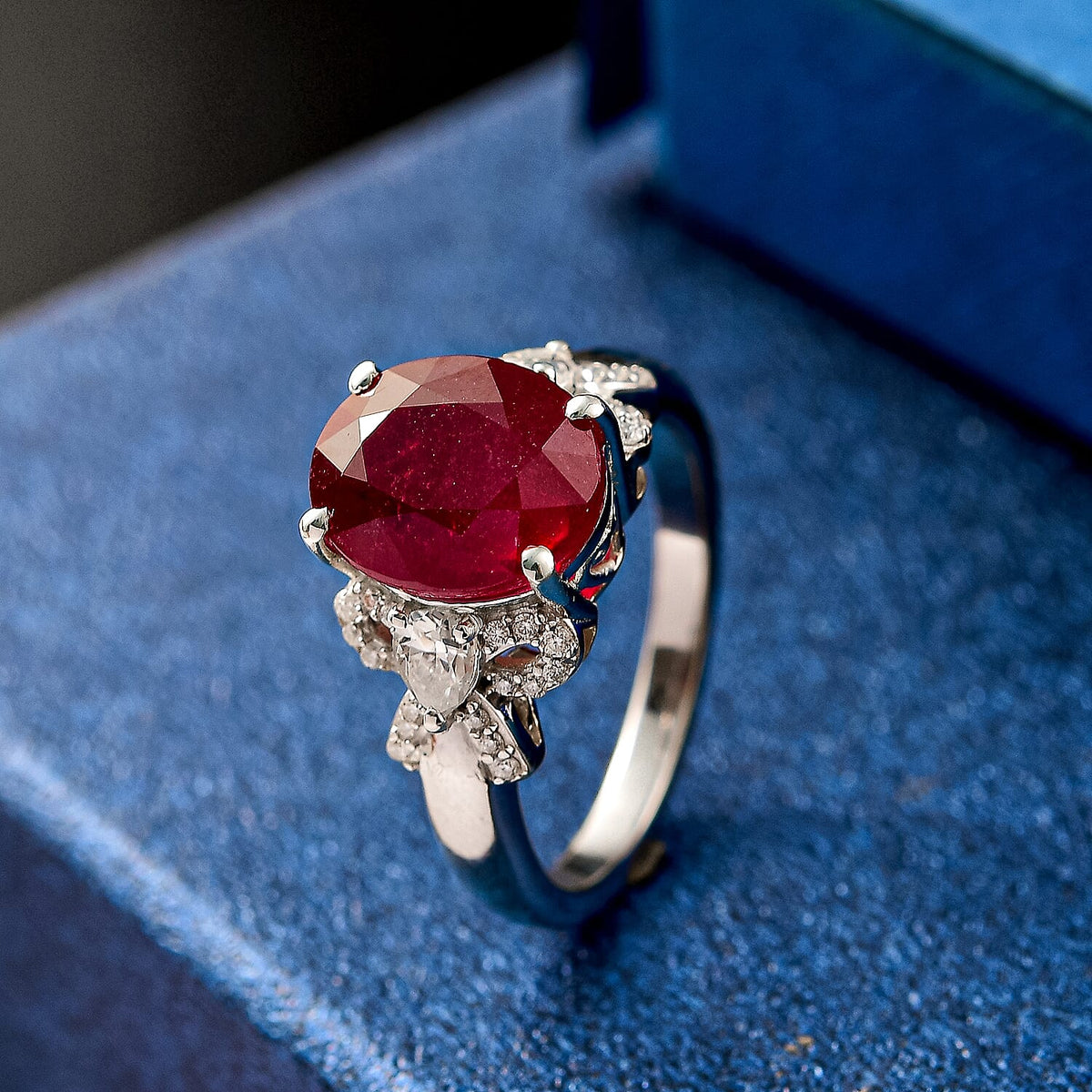 African Ruby, Moissanite Knot Ring in Rhodium Overlay Sterling Silver 6.01 Cts. 8042376 2